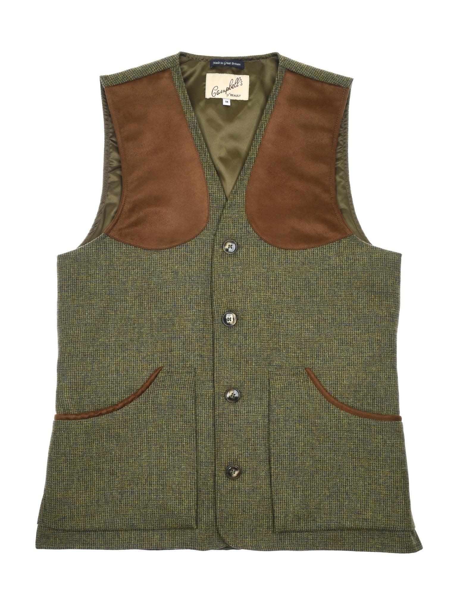 The Campbells of Beauly Tweed Shooting Waistcoat in Green Melange features brown suede shoulder patches, front buttons, and two large front pockets with brown trim—ideal for countryside pursuits. Displayed flat on a white background.