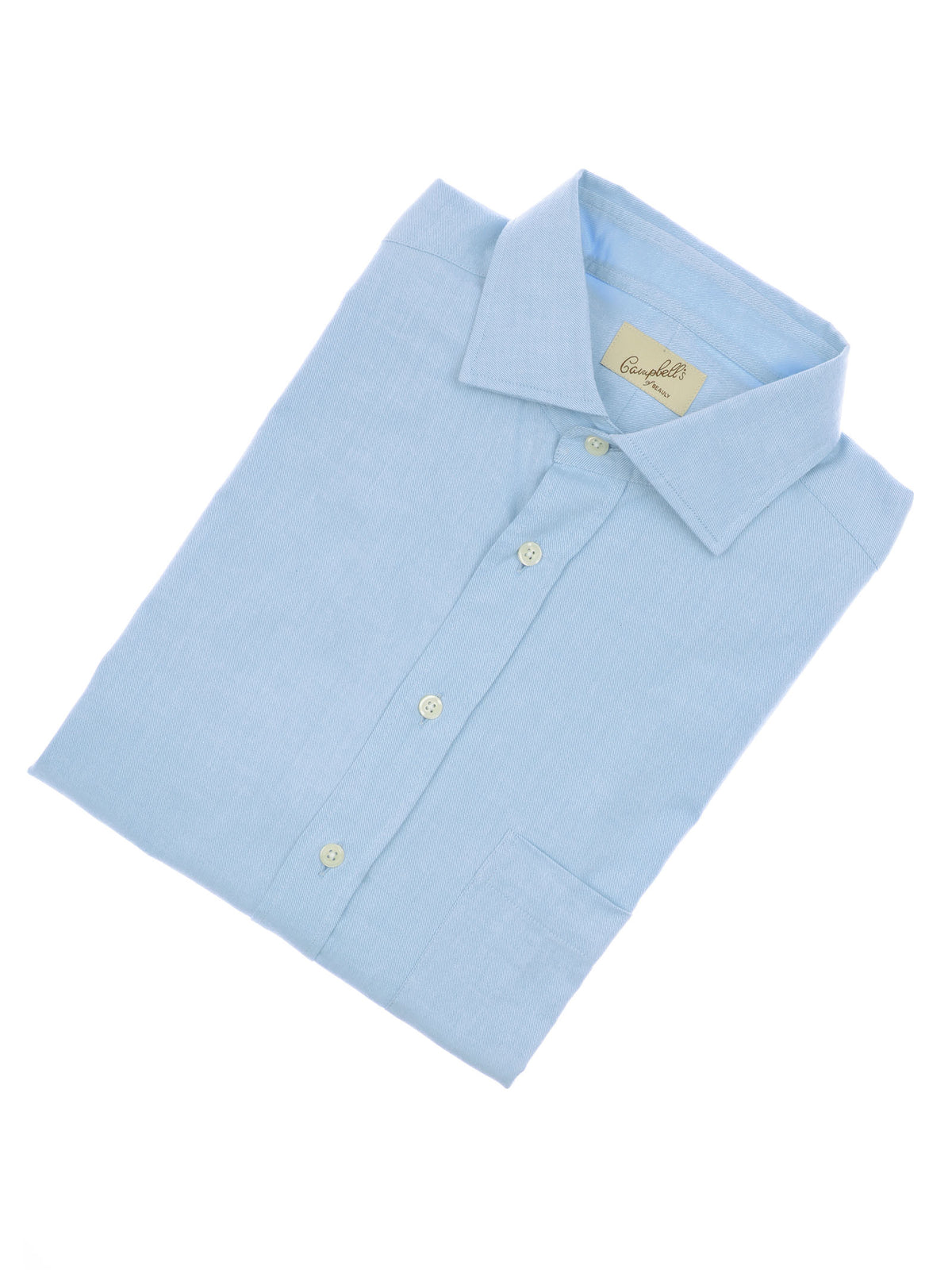 A neatly folded Campbell’s of Beauly Twill Shirt in light blue, featuring a classic fit and a left chest pocket, displayed against a white background.