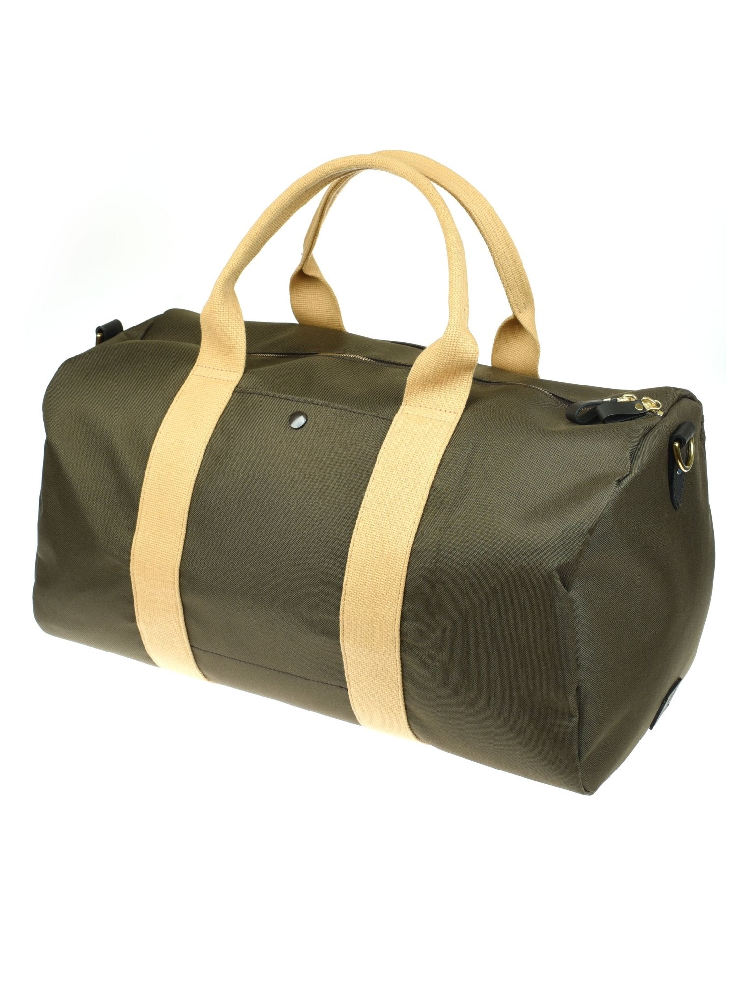 The Campbells of Beauly Utility Medium Duffle is a green heavy-duty canvas bag with beige handles and straps, a zippered top, and a side metal stud, shown against a white background.
