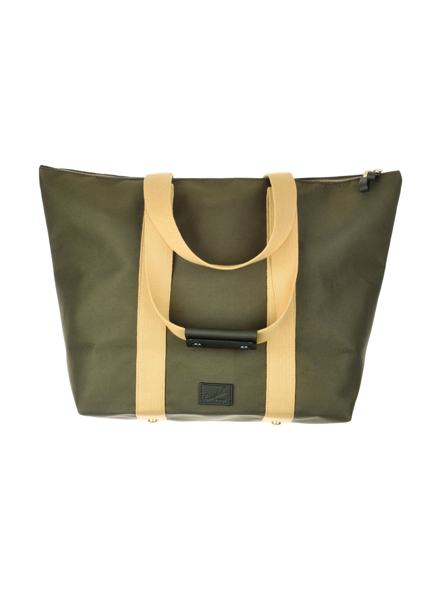 The Campbells of Beauly Utility Medium Tote is an olive green canvas bag with beige handles and a black front patch, displayed on a white background. It features a top zipper closure and wide, sturdy straps—ideal for everyday use.