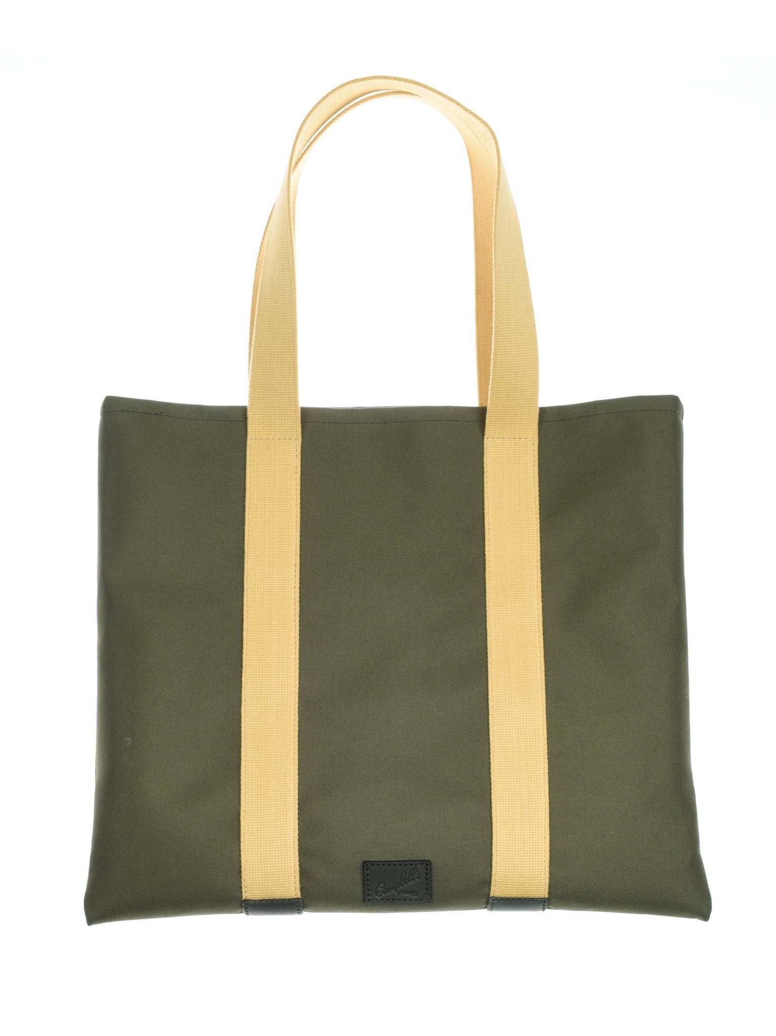 The Campbells of Beauly Utility Packaway Tote is a rectangular olive green bag with wide, light tan double handles running down the sides and a minimalist design featuring a small black patch near the base.