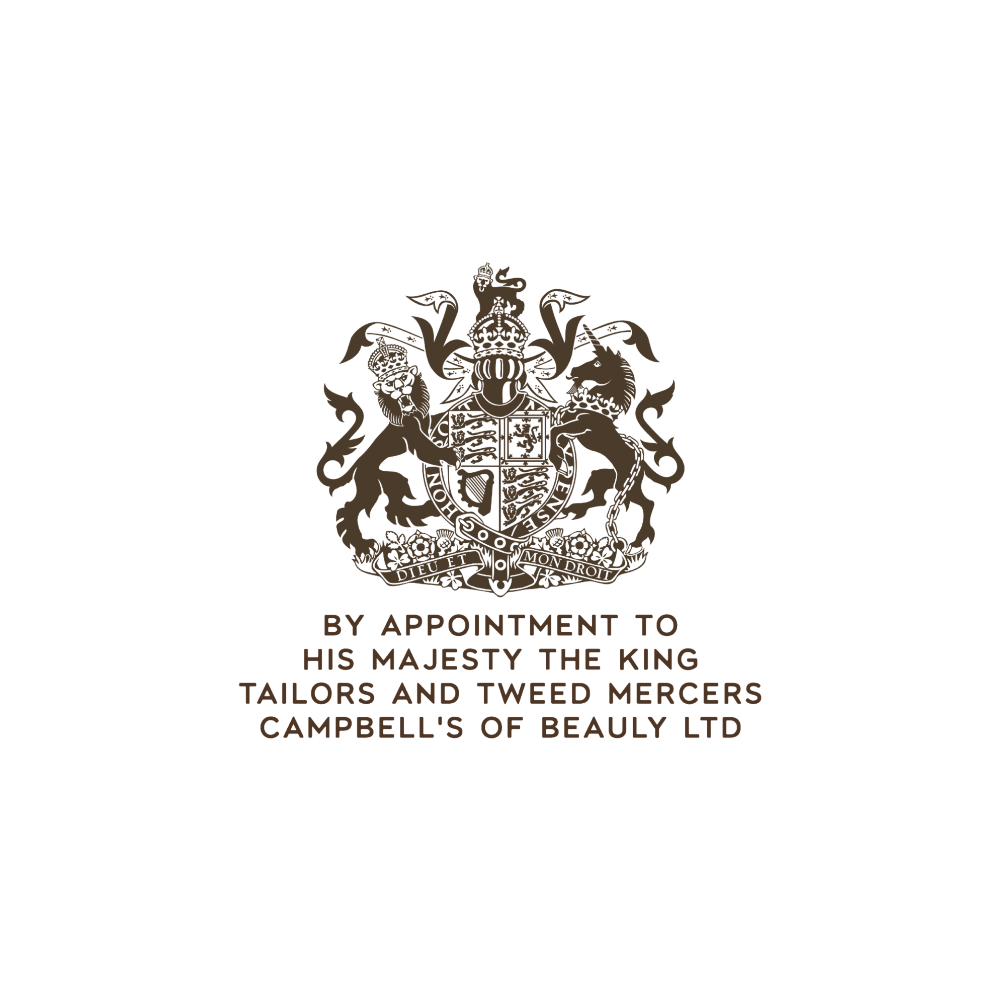 A royal crest above the words: By appointment to His Majesty the King tailors and tweed mercers Campbells of Beauly Ltd on a black background.