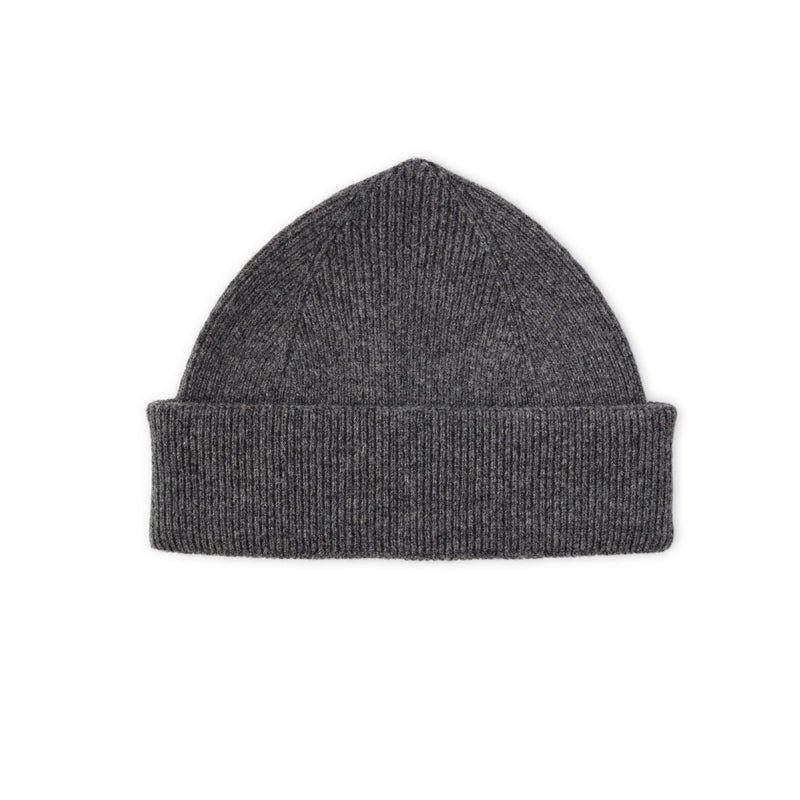 The Campbells of Beauly Watchman Hat is a grey lambswool knit with a wide folded brim for winter warmth, shown on a white background.
