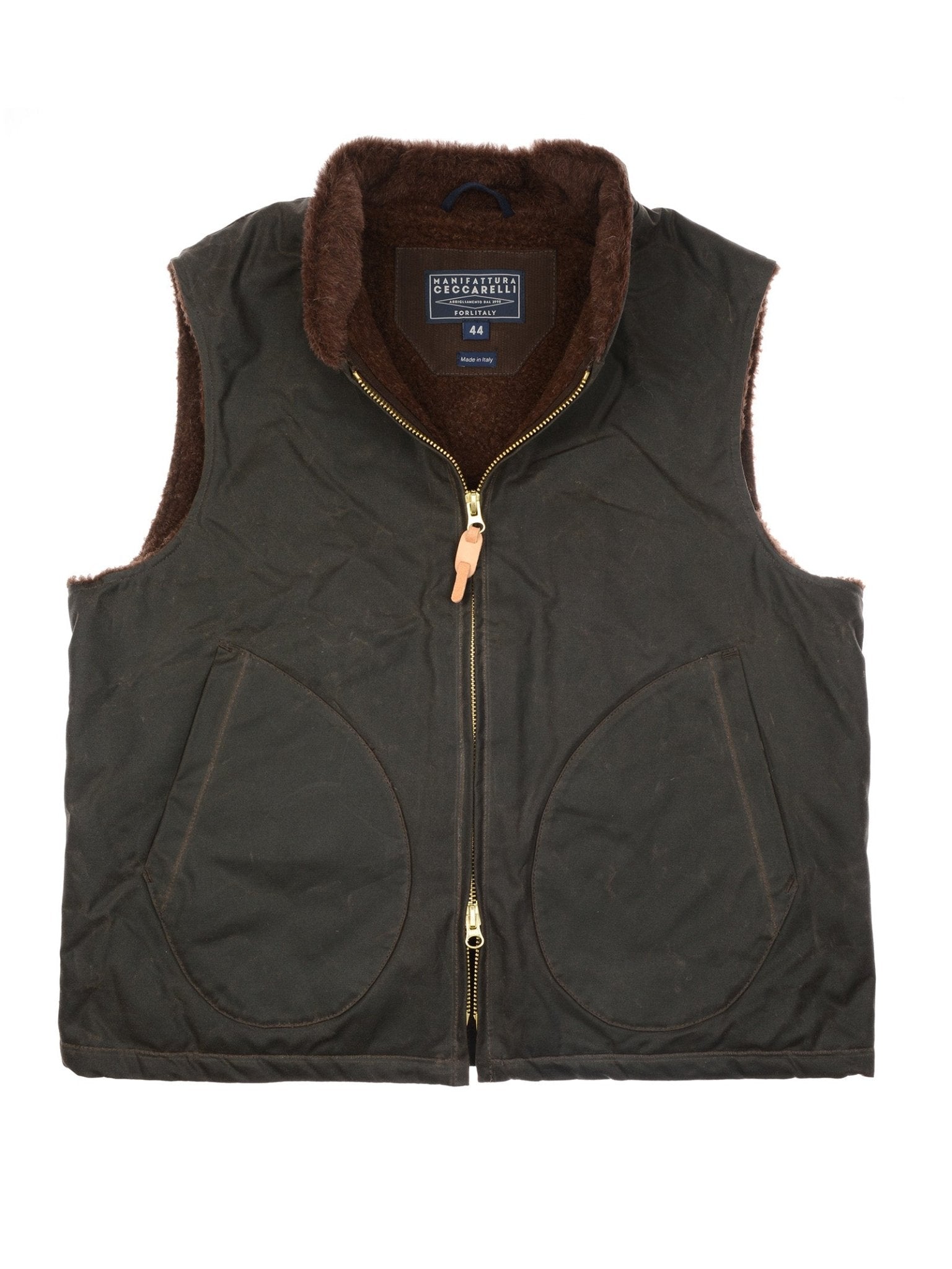 A chocolate waxed cotton Wax Nehru Gilet by Campbell's of Beauly, size 44, features a high collar, large front pockets, tan zip pull, cozy brown fur lining, and sleeveless design.