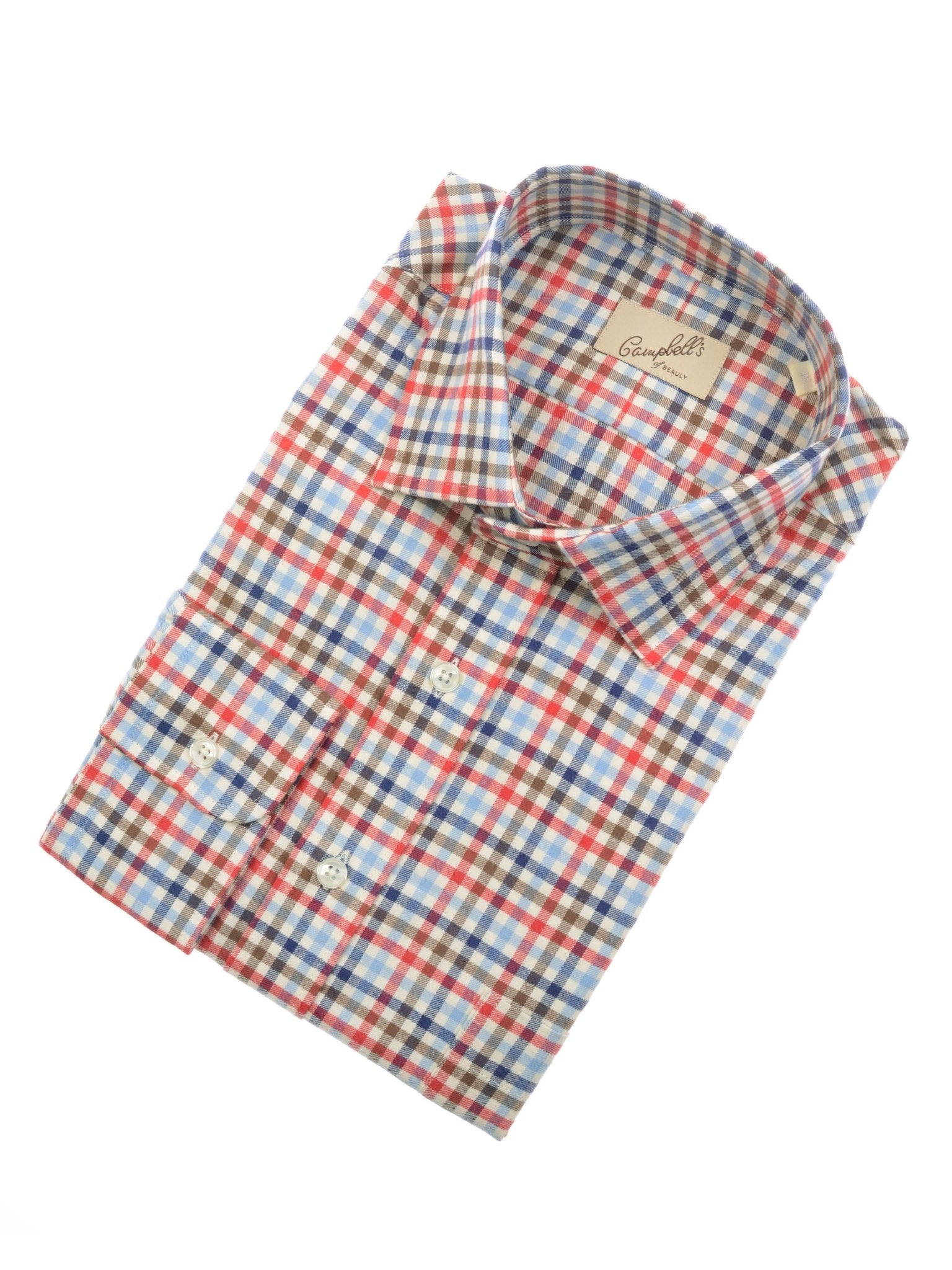 The Campbell's of Beauly Windowpane Shirt is a neatly folded, long-sleeve brushed cotton shirt in red, blue, and beige plaid, with the brand label visible inside the collar.