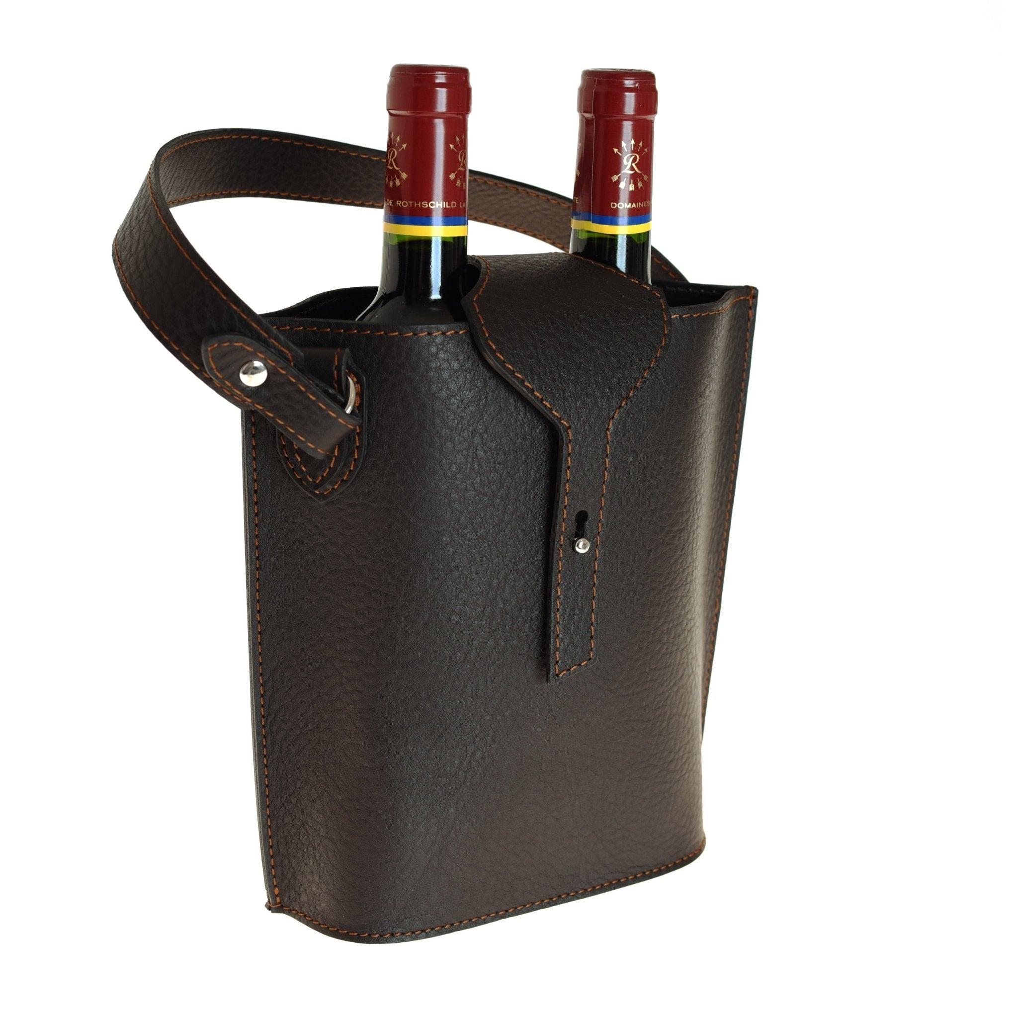 The Campbells of Beauly Two-Bottle Wine Carrier, crafted from black leather with brown stitching, secures two wine bottles with a buttoned flap and sturdy handle. Red caps peek out against a white background, showcasing its elegant design.