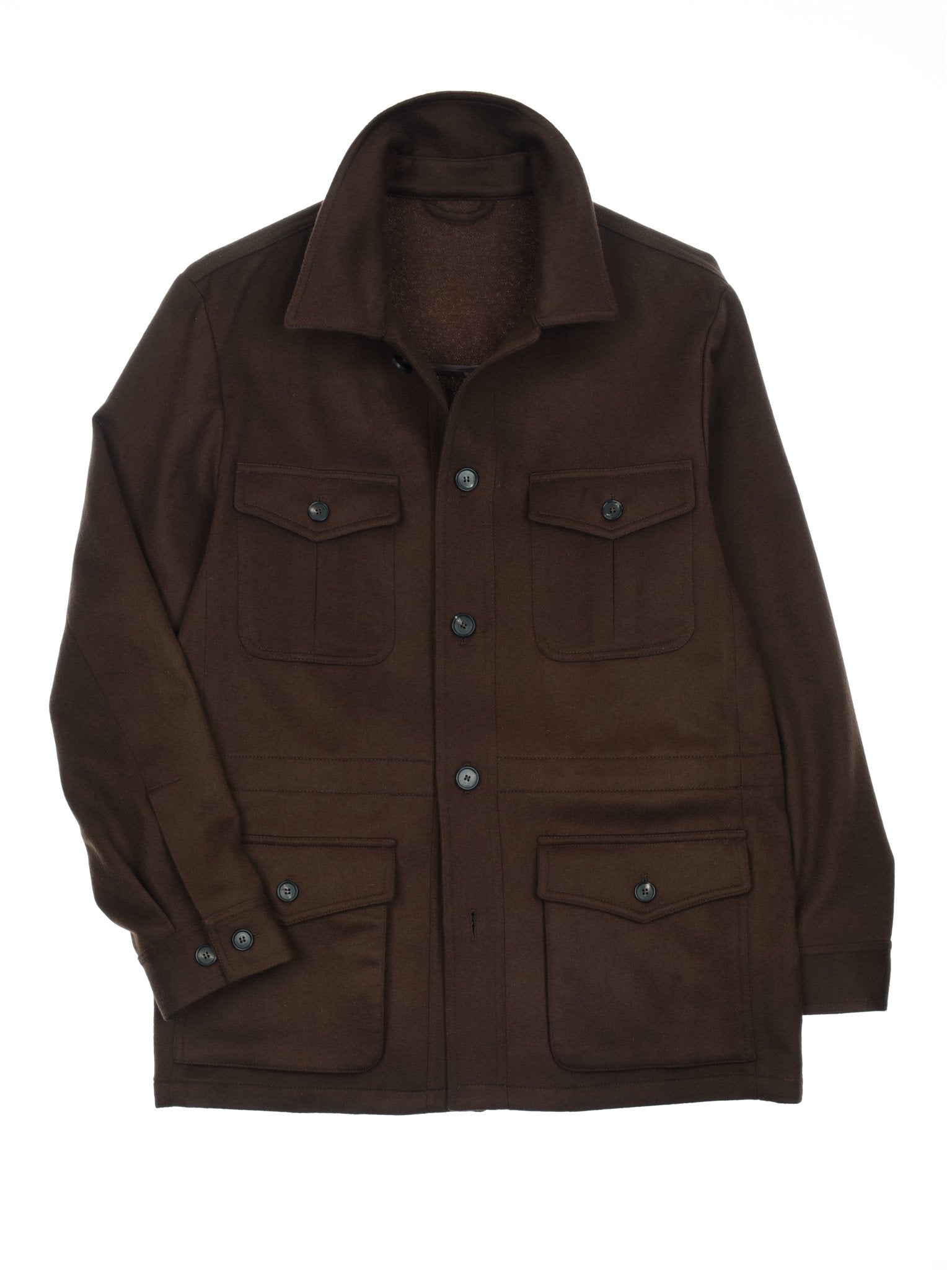 The Campbell's of Beauly Winter Aigas Field Jacket in chocolate features a collar, four front button-flap pockets, and long sleeves—ideal as stylish winter outerwear.