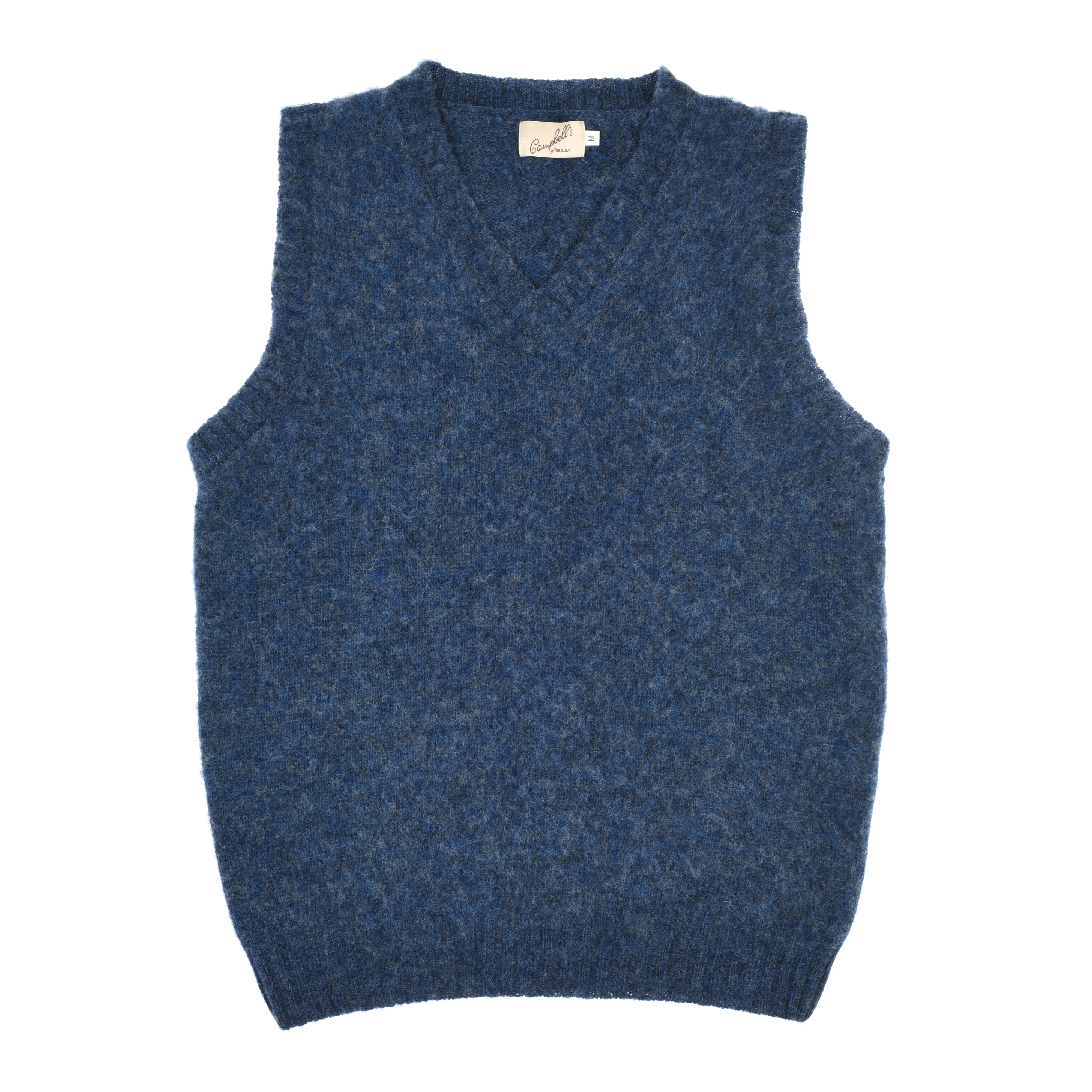 The Campbell's of Beauly Shetland Slipover is a sleeveless sweater vest in denim Shetland wool with a classic V-neck knit, shown laid flat on a white background.