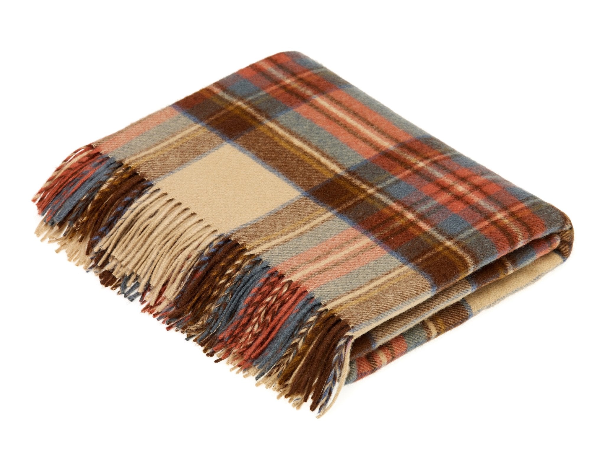 The Campbell's of Beauly Lambswool Tartan Blanket features soft lambswool with fringed edges and a classic Yorkshire plaid in tan, brown, orange, and blue.