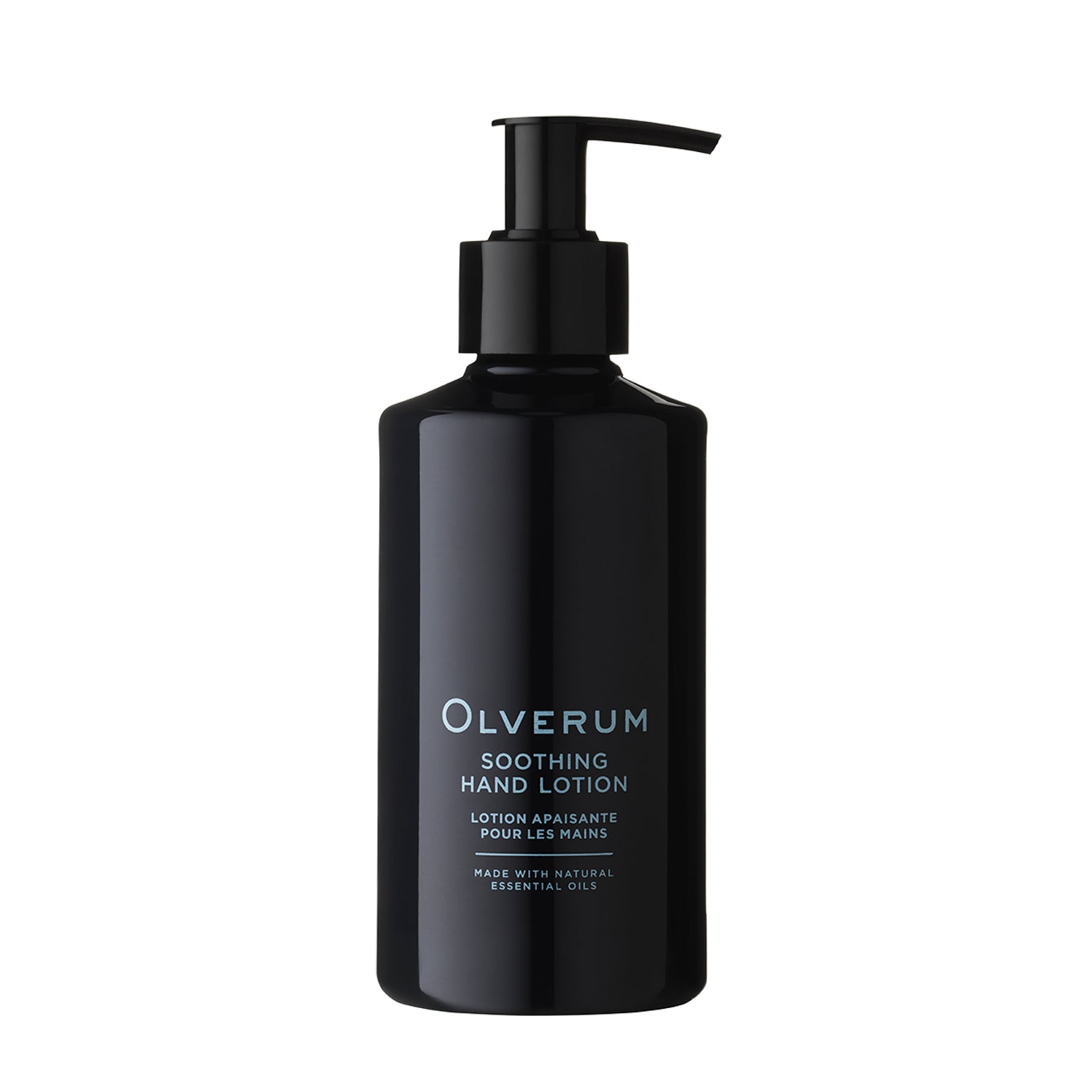 A sleek, dark Olverum Soothing Hand Lotion bottle with a black pump dispenser features a minimalist label in English and French, highlighting its natural origin ingredients and essential oils.