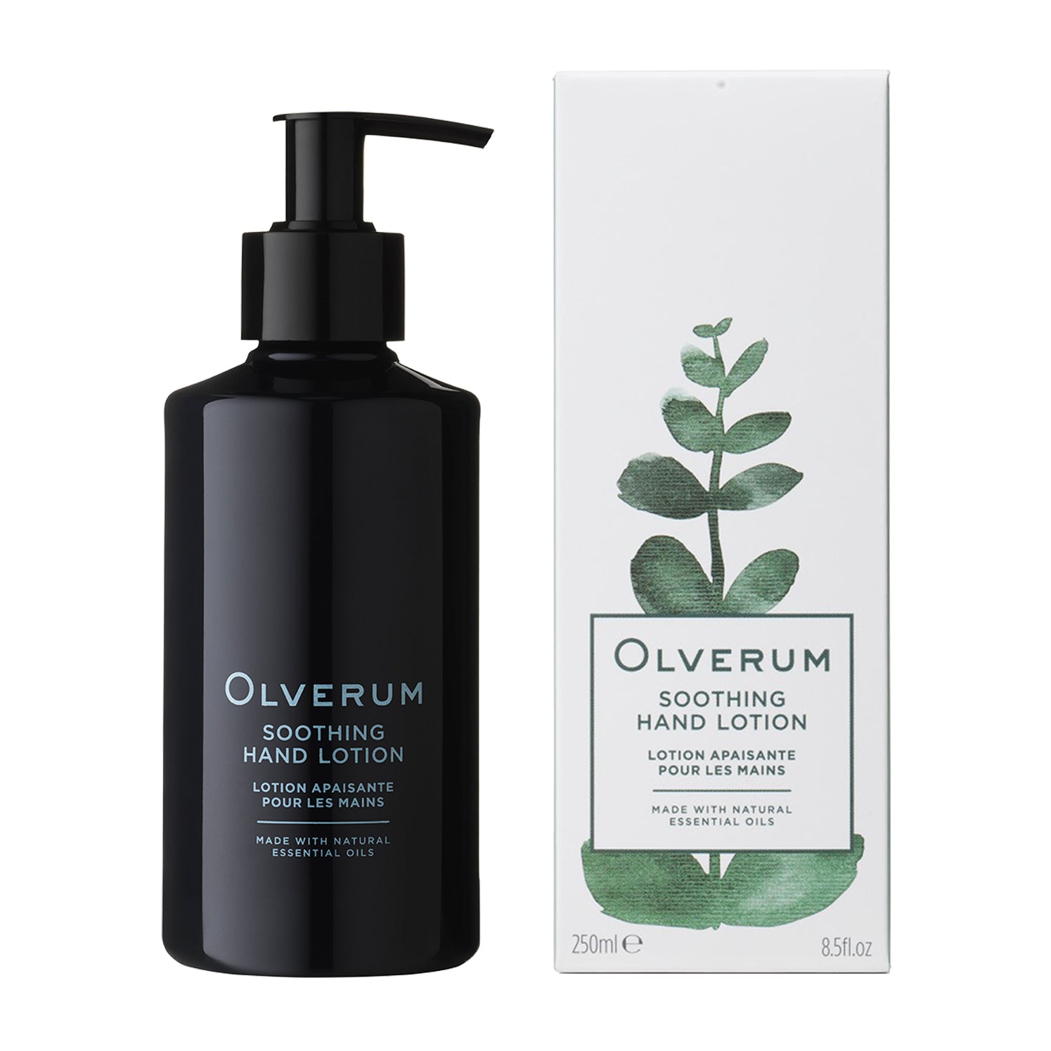 A black pump bottle of Olverum Soothing Hand Lotion stands beside its white box, both displaying the product name and a green eucalyptus motif. The lotion contains natural origin ingredients and botanical actives, 250 ml (8.5 fl oz).