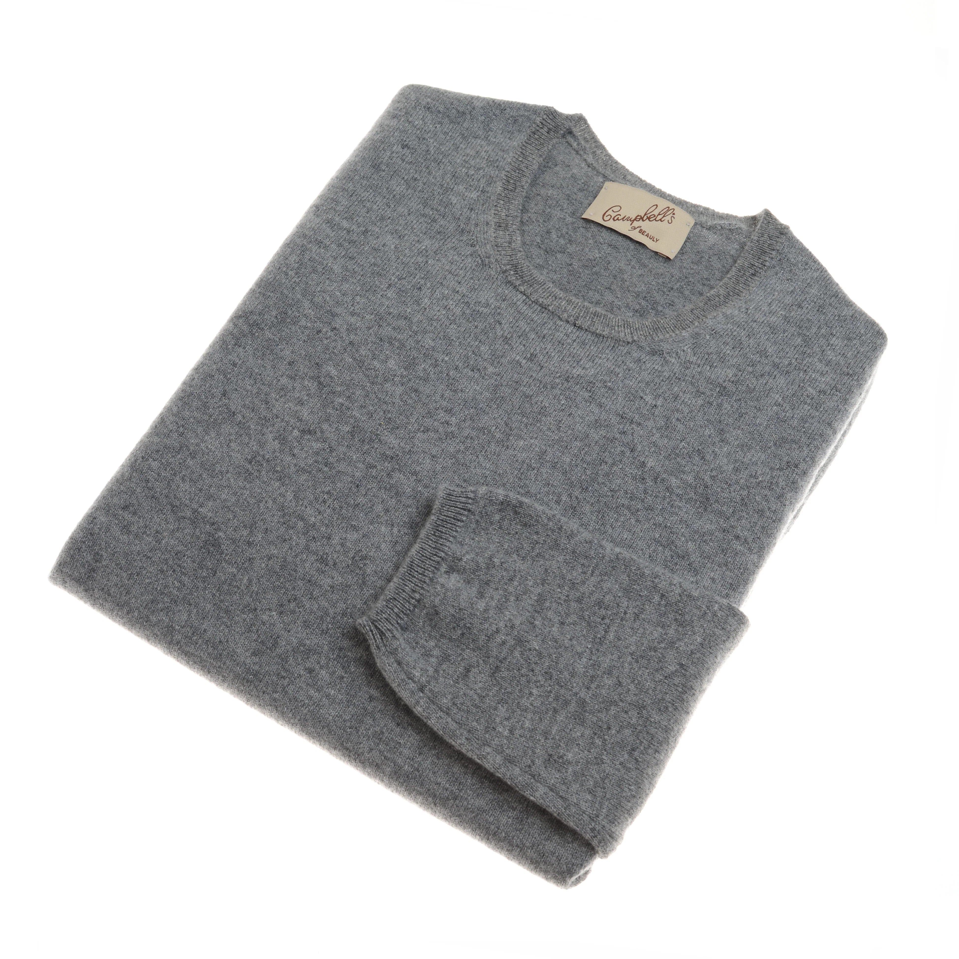 The Campbell's of Beauly Cashmere Crew Neck Jumper, in light gray with a round neckline and beige label near the collar, is neatly folded and displayed on a white background—a luxurious knitwear essential.