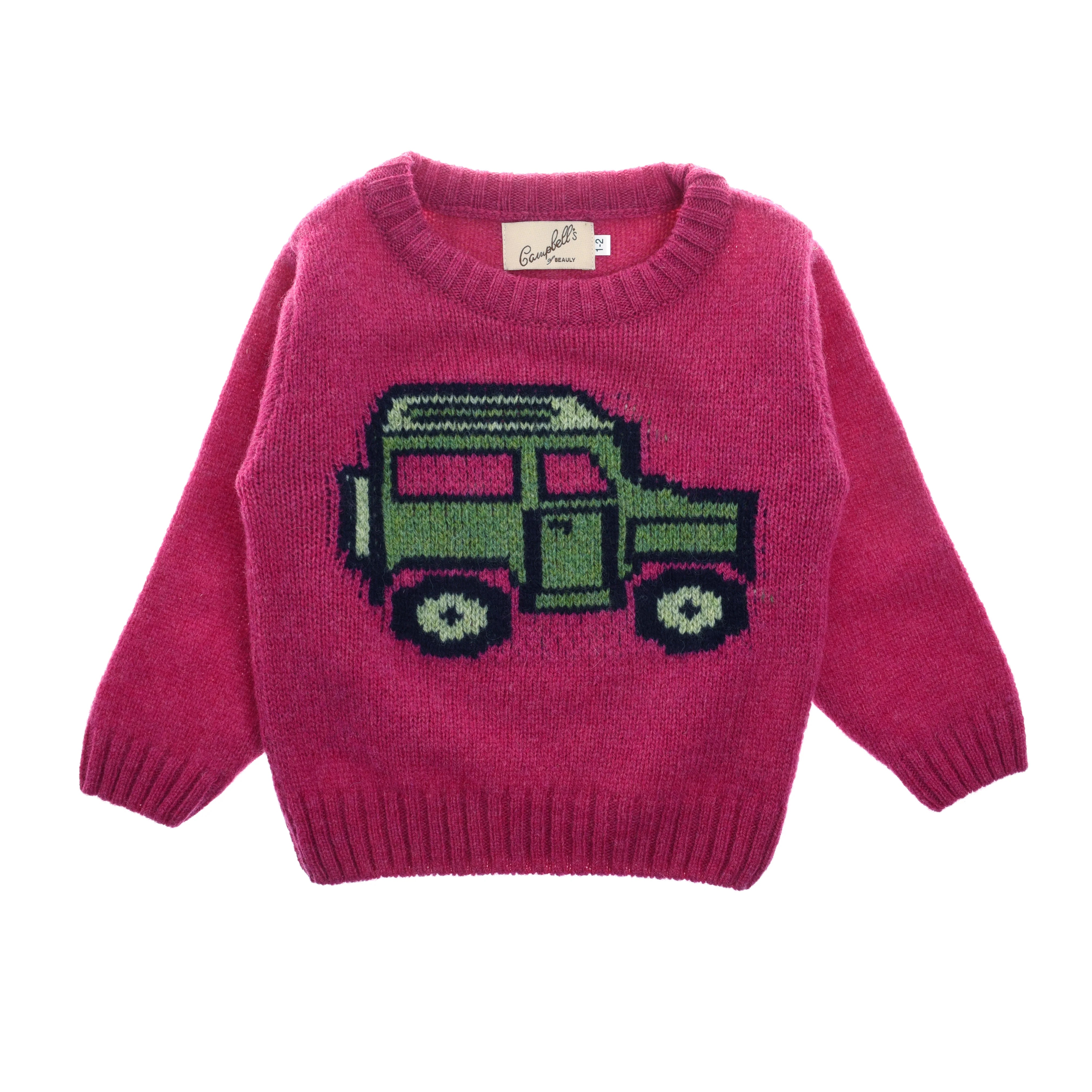 The Campbell's of Beauly Mini Land Rover Defender Jumper is a fuchsia children’s sweater with long sleeves, a round neckline, and a green and black car motif inspired by the classic Land Rover Defender.