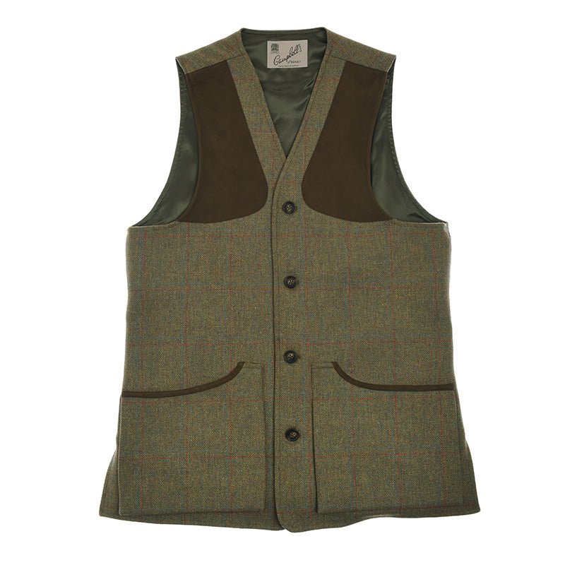 The Campbell's of Beauly Tweed Shooting Waistcoat in House Tweed features brown shoulder panels, three buttons, two large front pockets, and a smooth olive-green lining—ideal for countryside activities.