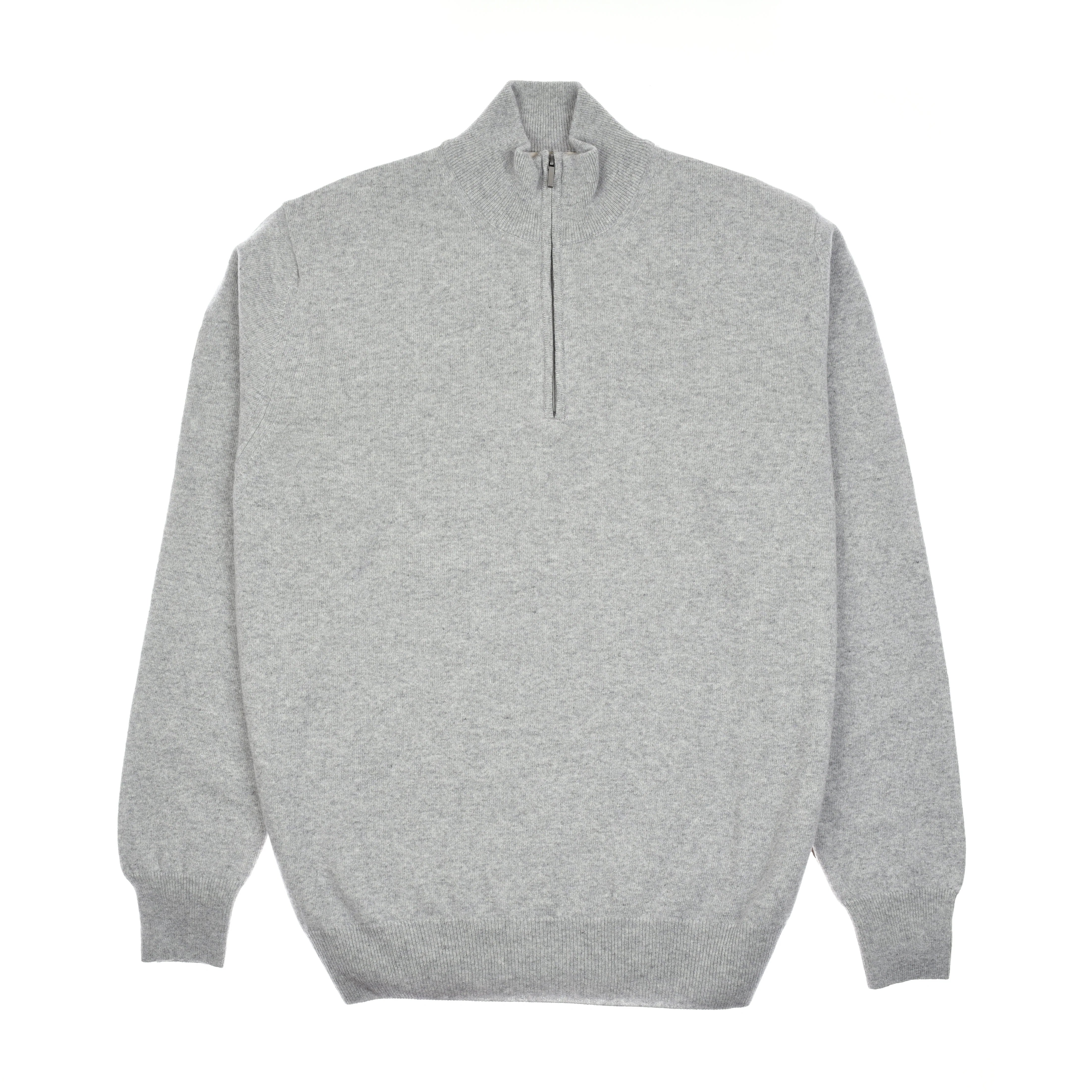 Campbell's of Beauly Merino & Cashmere Quarter Zip Jumper in grey, a men's long-sleeve layering sweater with a high collar and half-zip, shown laid flat on a white background.