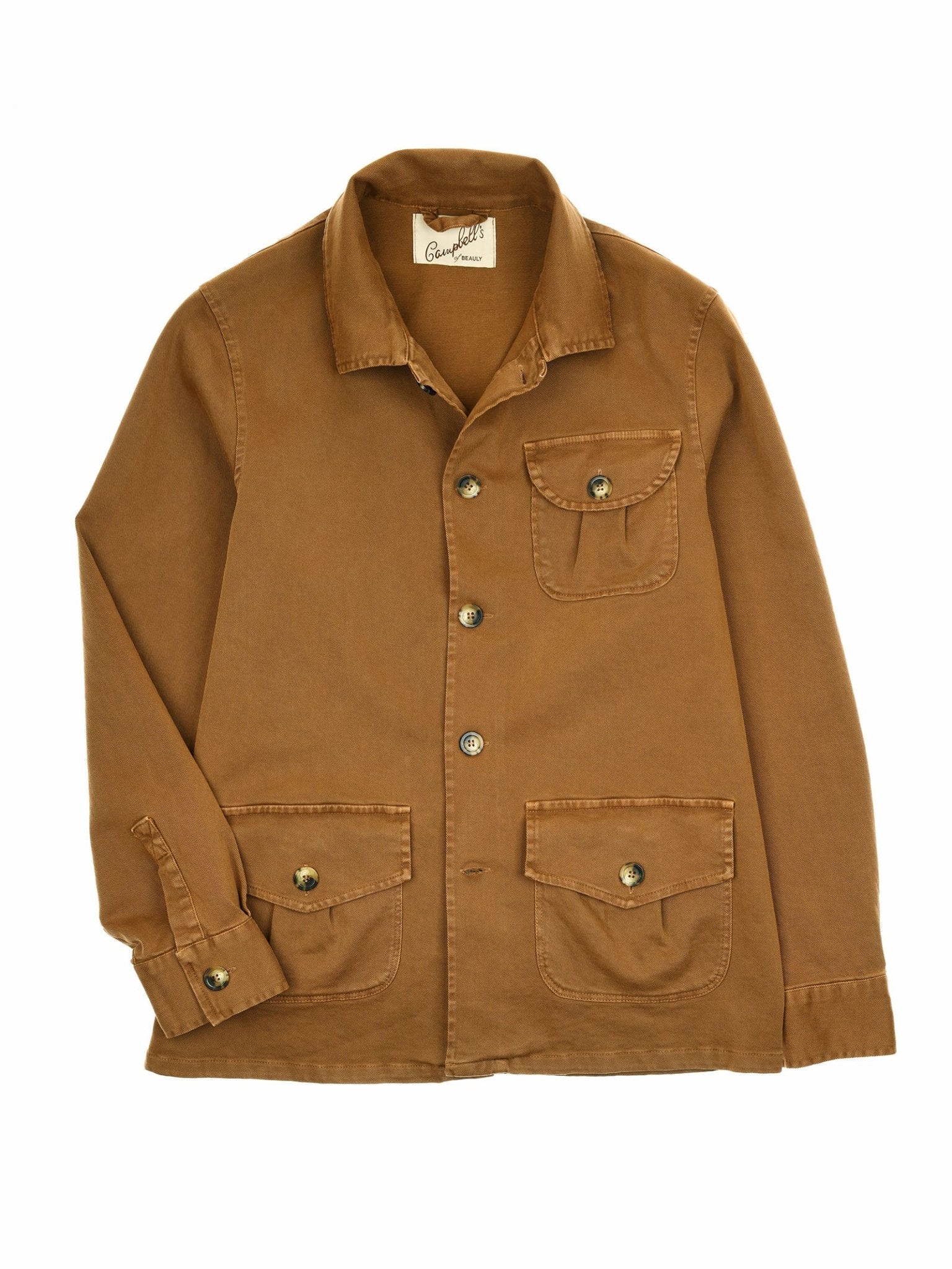 The Campbell's of Beauly Field Chore Jacket II is a brown cotton utility jacket for men, featuring a collar, button front, and three flap pockets—two at the bottom and one on the chest—laid flat on a white background.