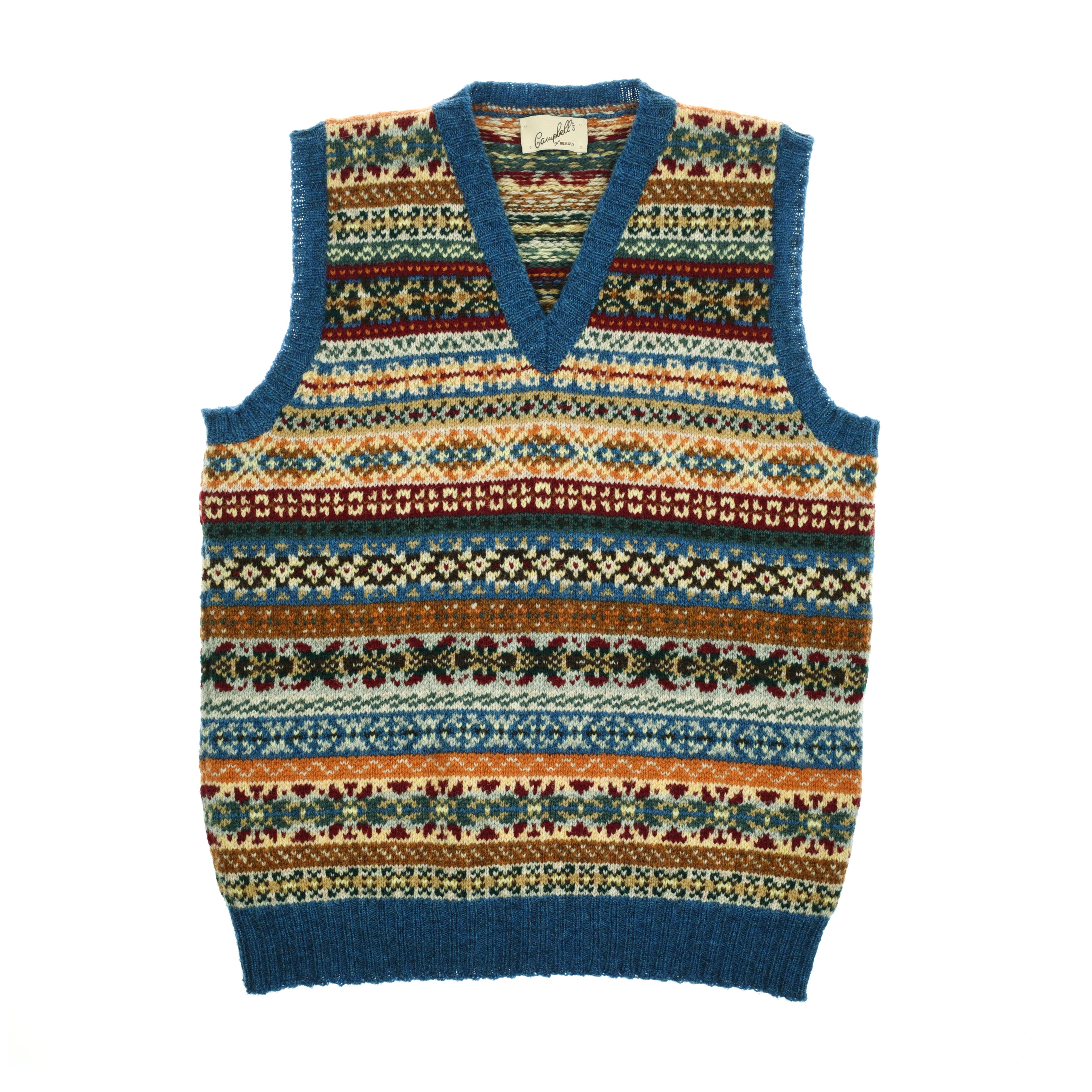 The Fairisle Slipover by Campbells of Beauly is a sleeveless Shetland wool V-neck vest featuring classic Fairisle stripes in blue, green, red, yellow, and cream with multicolored geometric and floral patterns and ribbed edges.