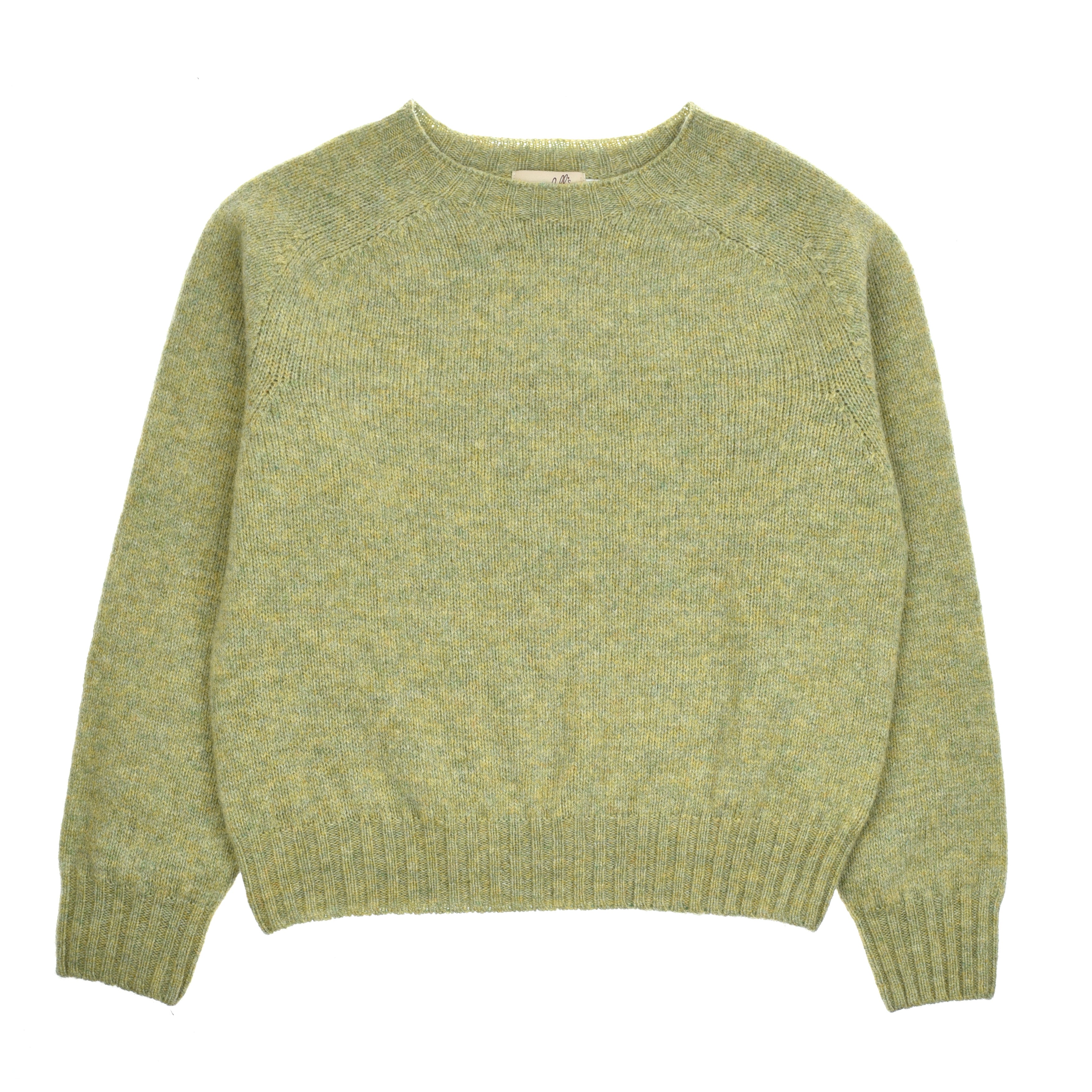 A light green, long-sleeved Cropped Shetland Jumper by Campbells of Beauly is laid flat. Made from soft lambswool yarn, it has a crew neck, ribbed cuffs and waistband, a slightly fuzzy texture, and subtle shade variations.