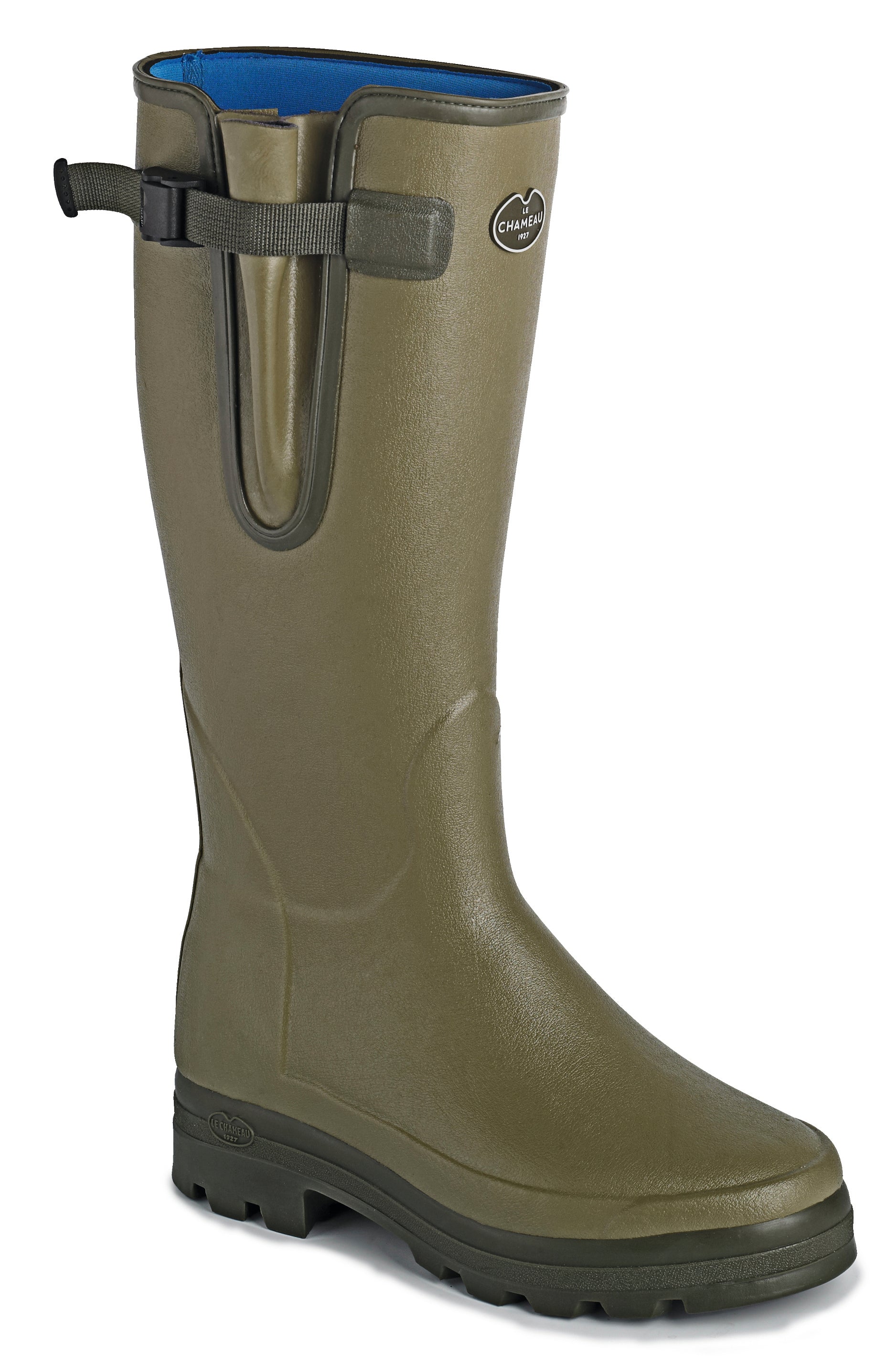An olive-green Le Chameau Vierzonord Neoprene-Lined Wellington Boot with a textured sole, adjustable side strap, blue interior, and oval brand logo near the top stands upright against a plain white background.