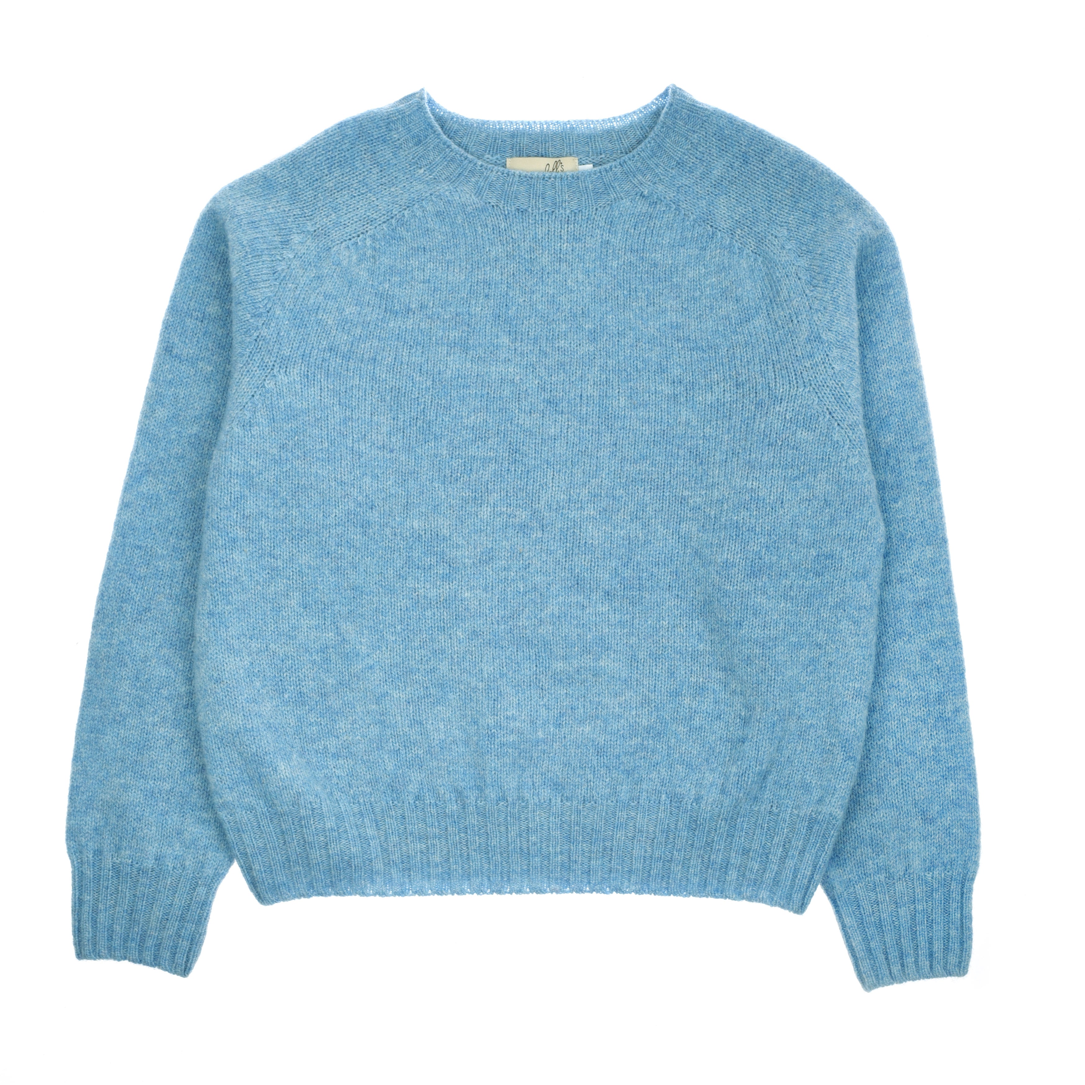 The Campbells of Beauly Cropped Shetland Jumper in light blue is knit from soft lambswool with long sleeves, a crew neck, and ribbed cuffs, hem, and collar—shown laid flat on a white background.