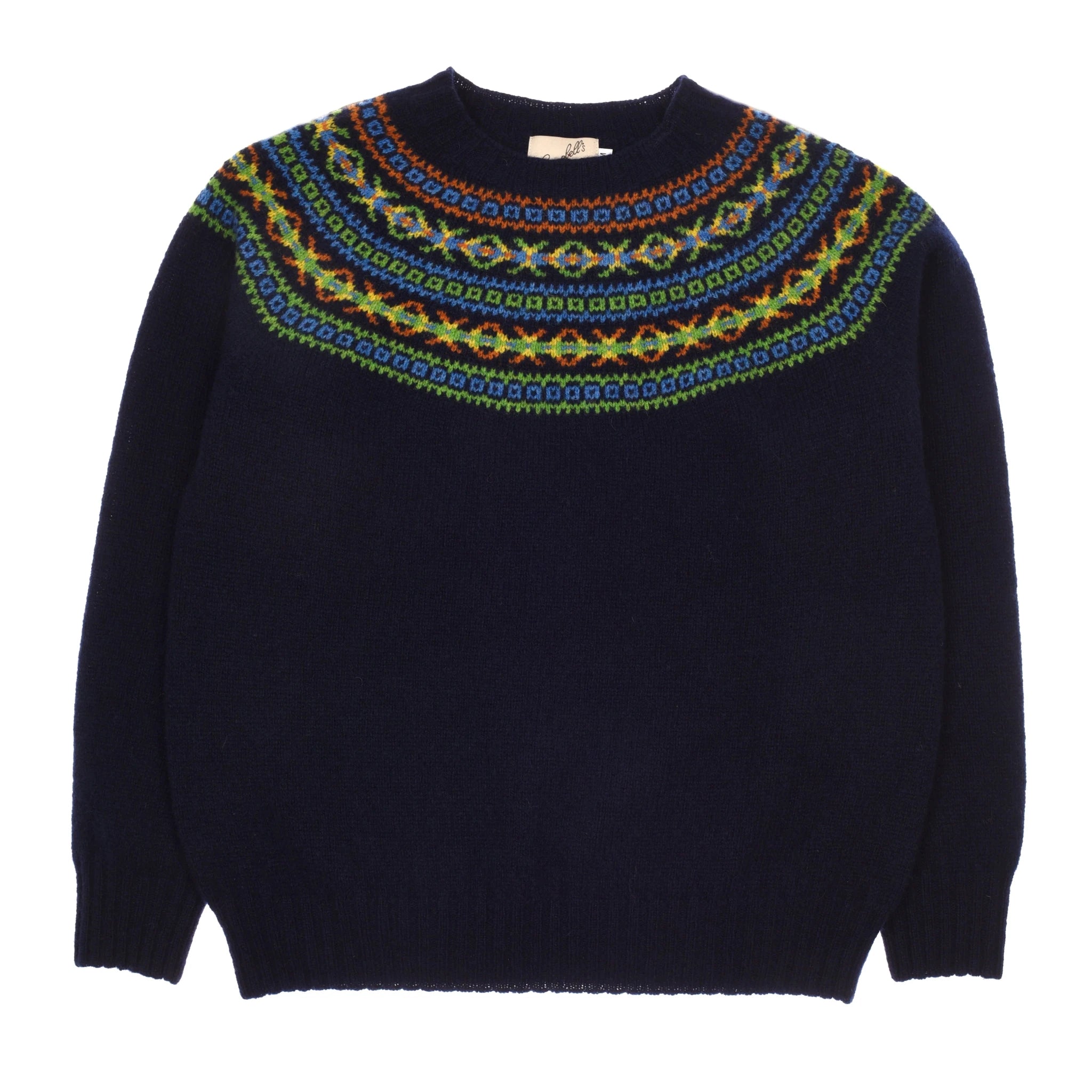 The Auld Stock Fairisle Crew Jumper by Campbell's of Beauly is a navy lambswool knit made in Scotland, featuring an intricate Fair Isle pattern in green, blue, red, and yellow around the crew neckline and long sleeves.