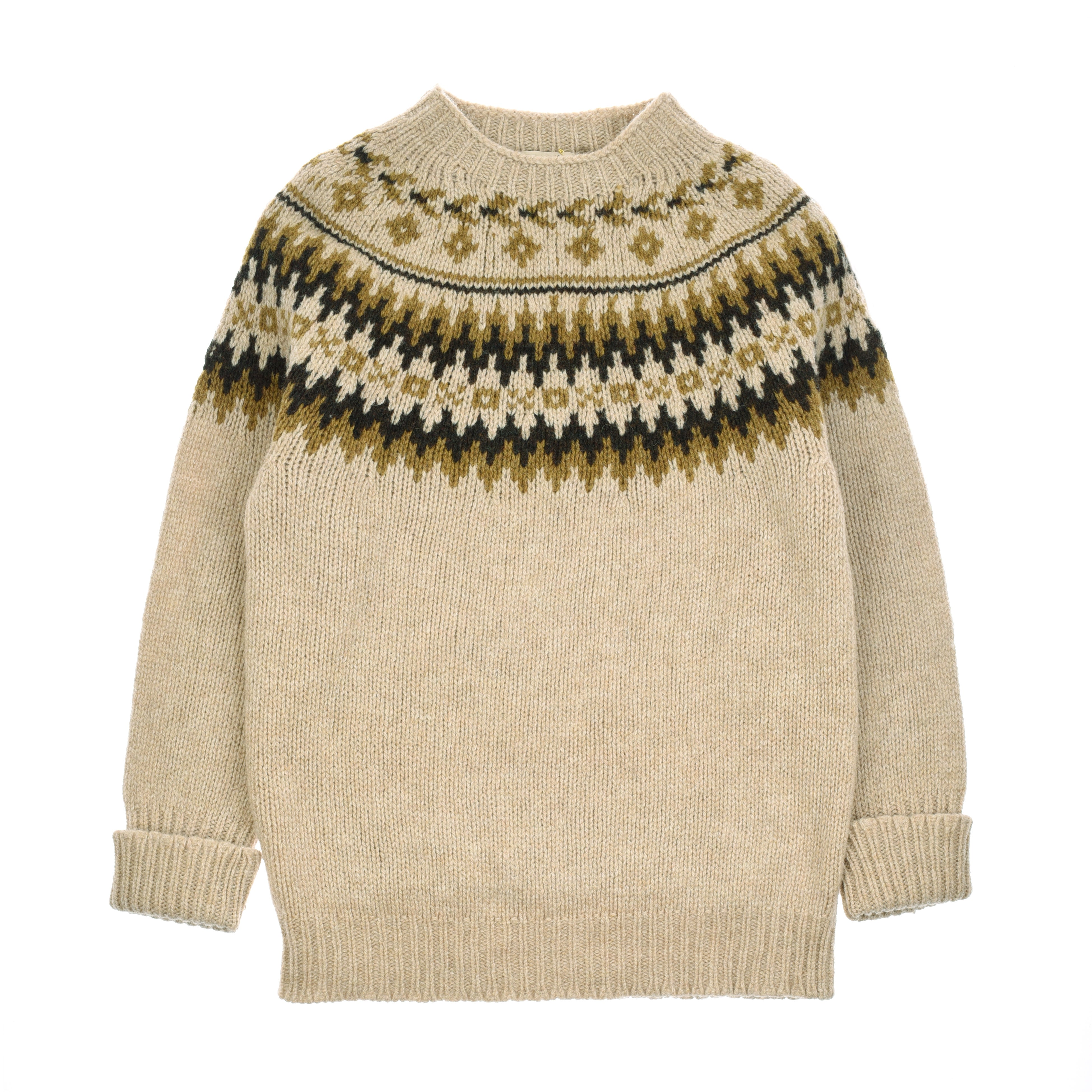The Chunky Fairisle Jumper by Campbells of Beauly is a beige Shetland wool sweater with a round neck and long sleeves, featuring a black, brown, and olive green Fairisle yoke pattern and finished with ribbed cuffs, hem, and collar for cozy comfort.
