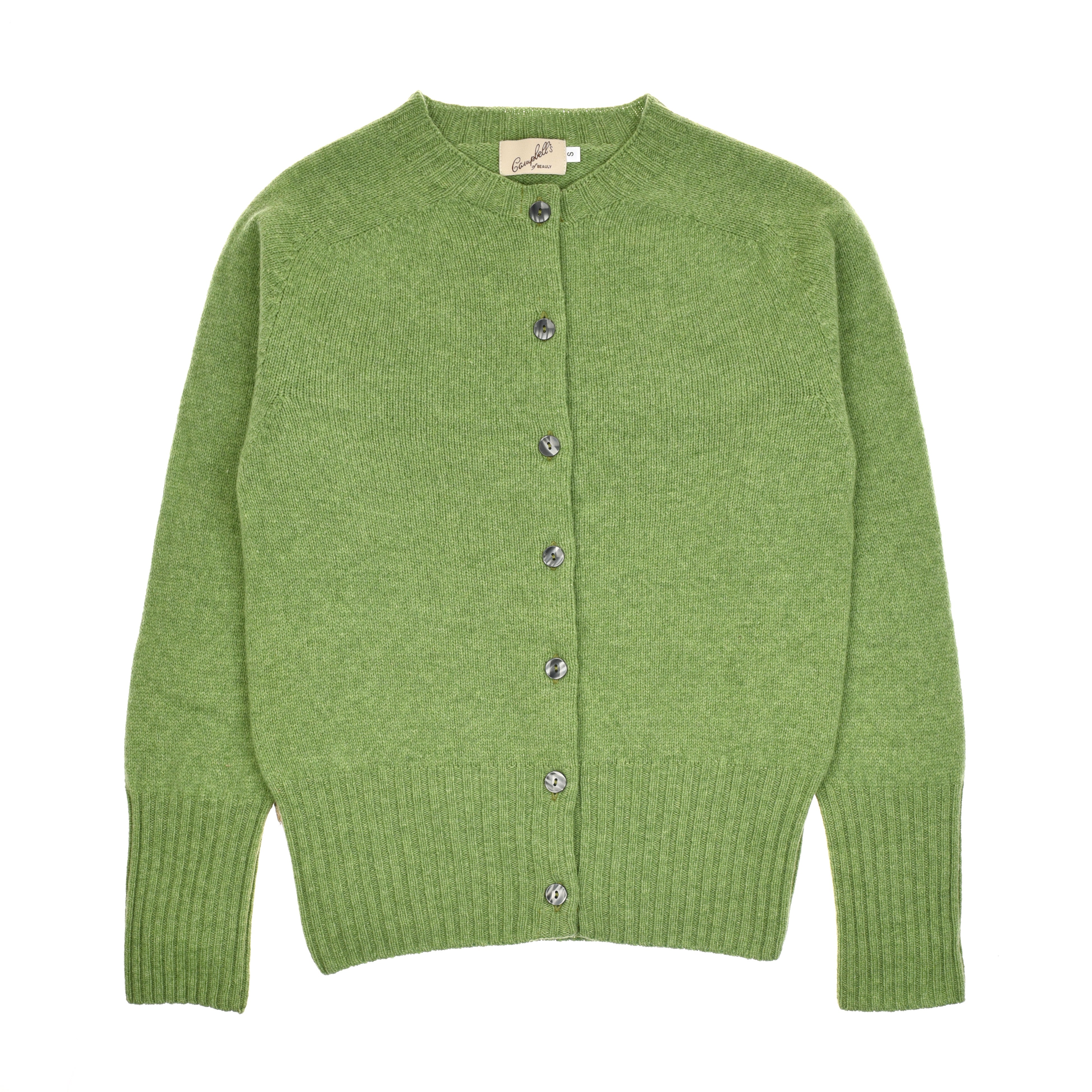 The Campbells of Beauly Crew Cardigan is a green Geelong lambswool crew neck with long sleeves, ribbed cuffs and hem, and silver front buttons. Shown flat on a white background, it features a beige label inside the collar.