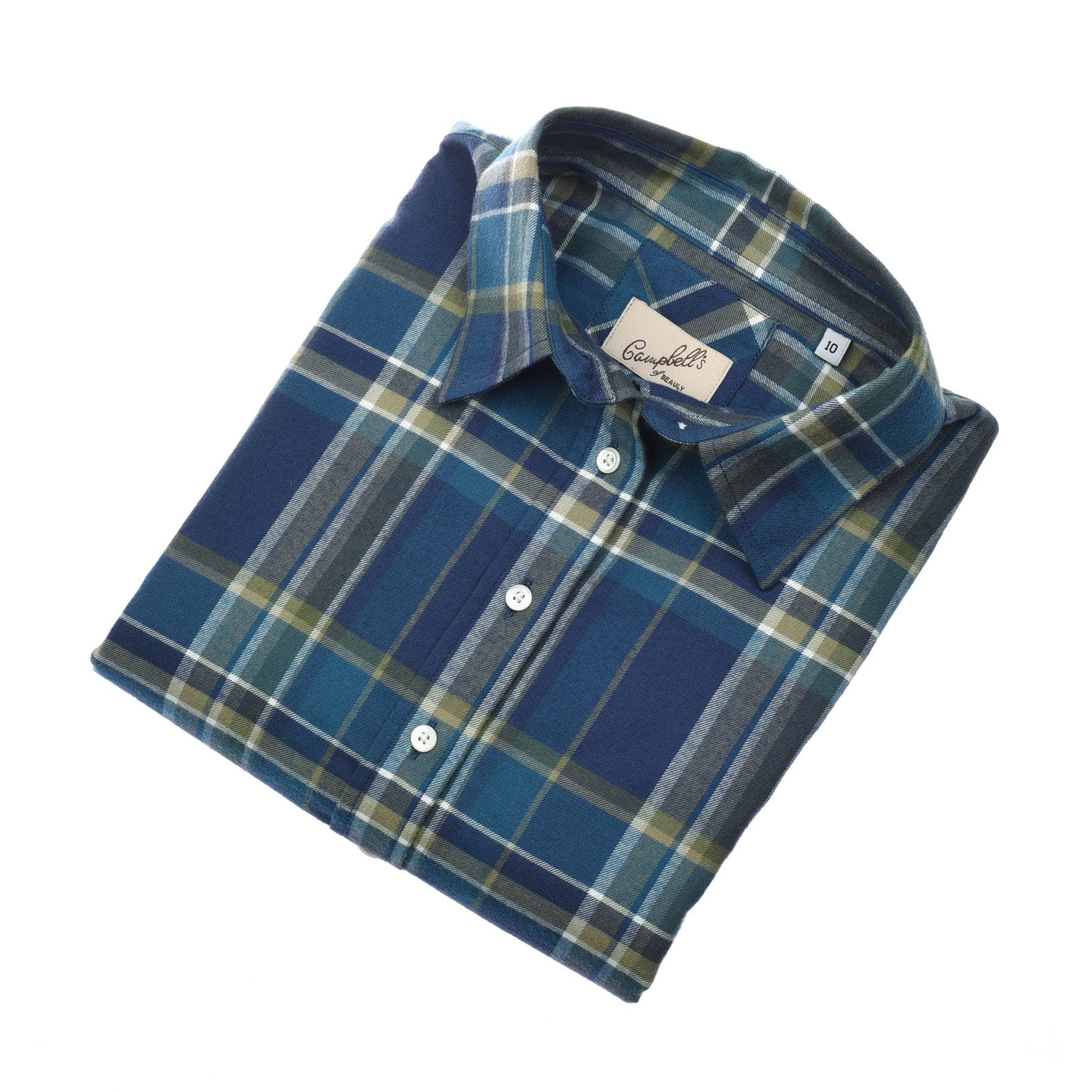 The Auld Stock Brushed Cotton Shirt by Campbell's of Beauly, in blue, green, and white plaid with a collar, is folded and displayed on a white background. Brand tag and size label are visible inside the collar.