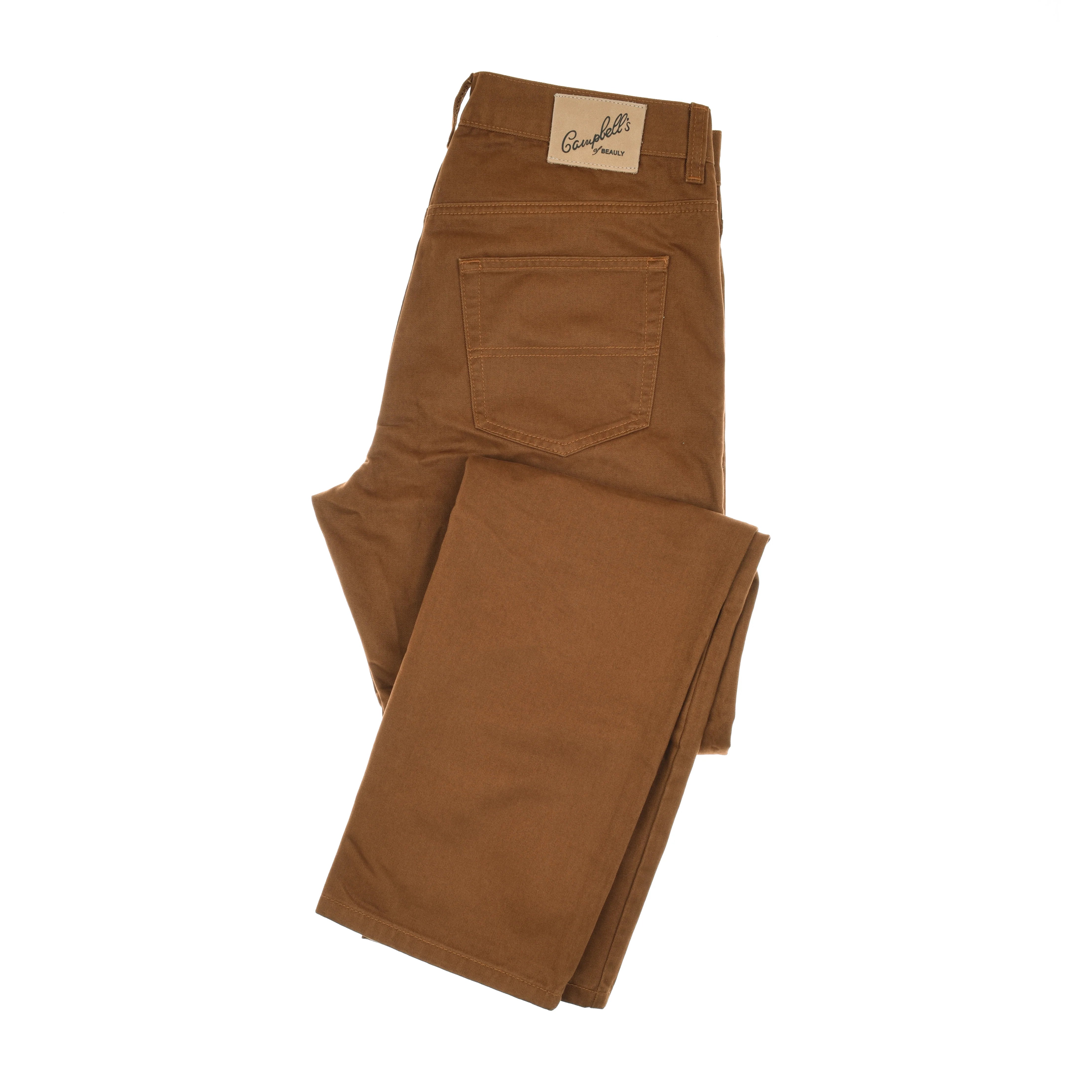 A pair of Cougar Colour Cotton Jeans by Campbell's of Beauly, folded to show the back pocket and beige label on the waistband, featuring a classic straight leg cut, displayed against a white background.