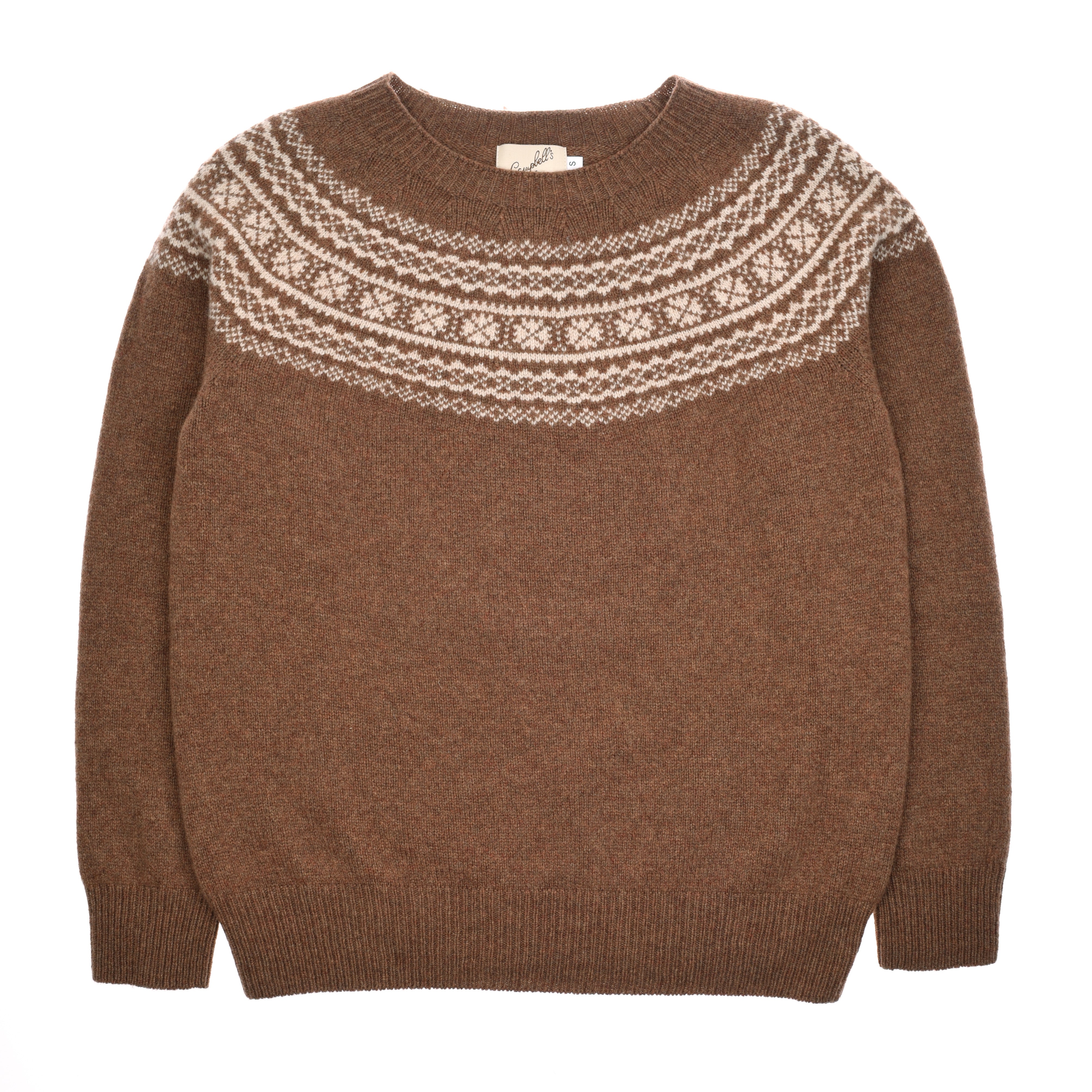 The Campbells of Beauly Two-Colour Fairisle Yoke Jumper features a traditional cream and beige pattern, long sleeves, ribbed cuffs and hem, showcasing Scottish craftsmanship in superfine Geelong lambswool.