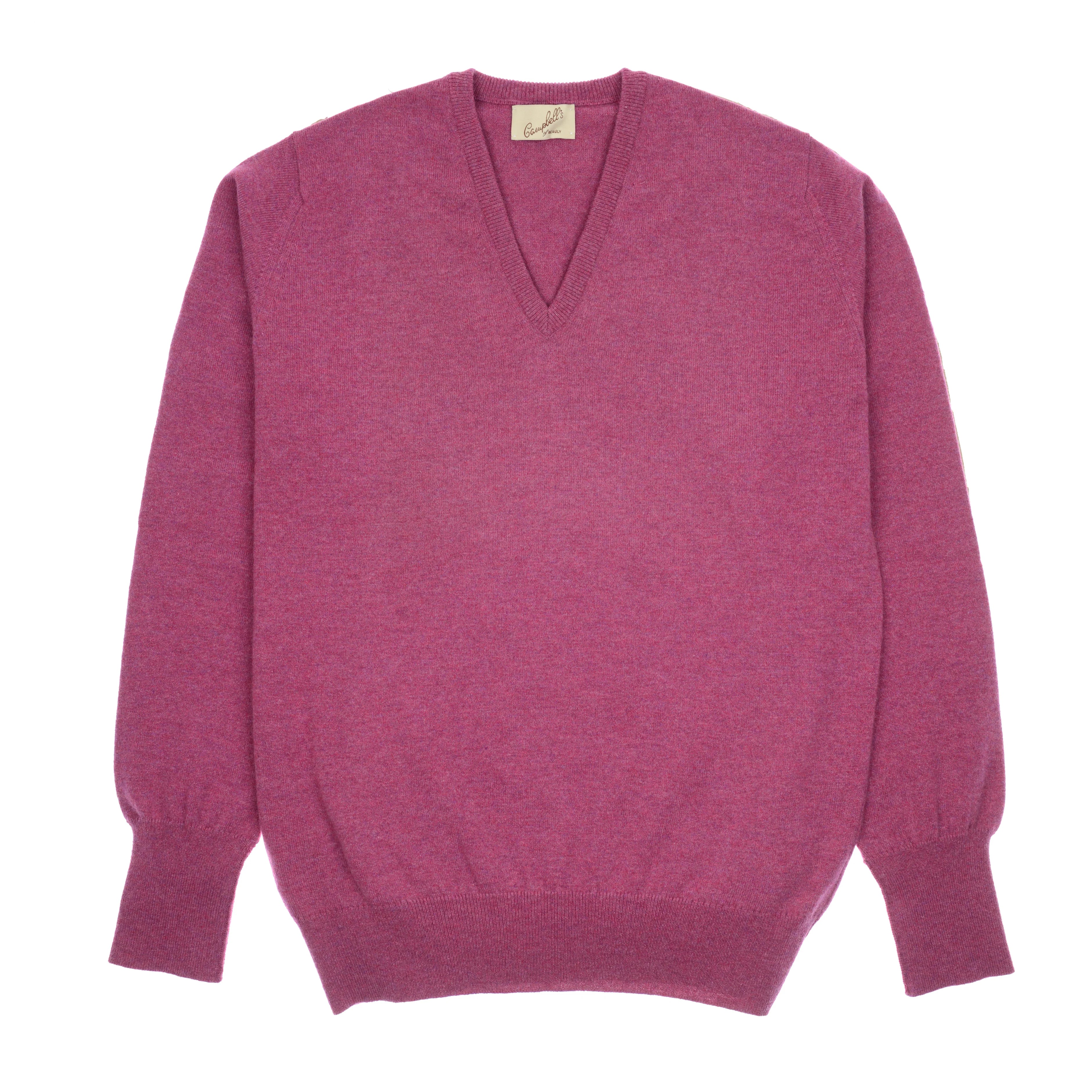 The Campbell's of Beauly Cashmere V-Neck Jumper in Berry is a slim fit, long-sleeved sweater with ribbed cuffs and hem, shown laid flat on a white background.