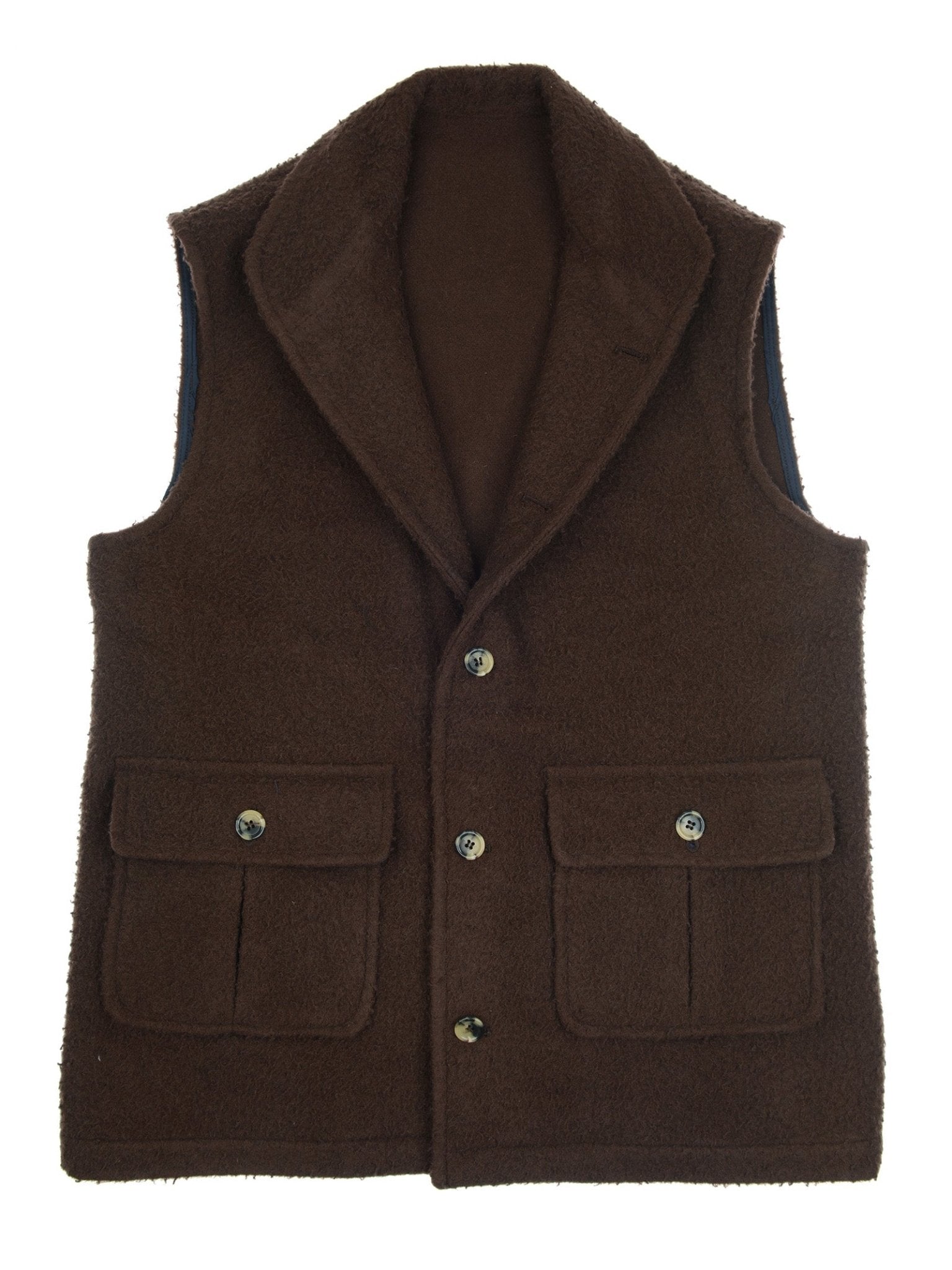 The Casentino Fleece Gilet by Campbell's of Beauly is a dark chocolate, sleeveless vest with a wide collar, button closure, and two front flap pockets.