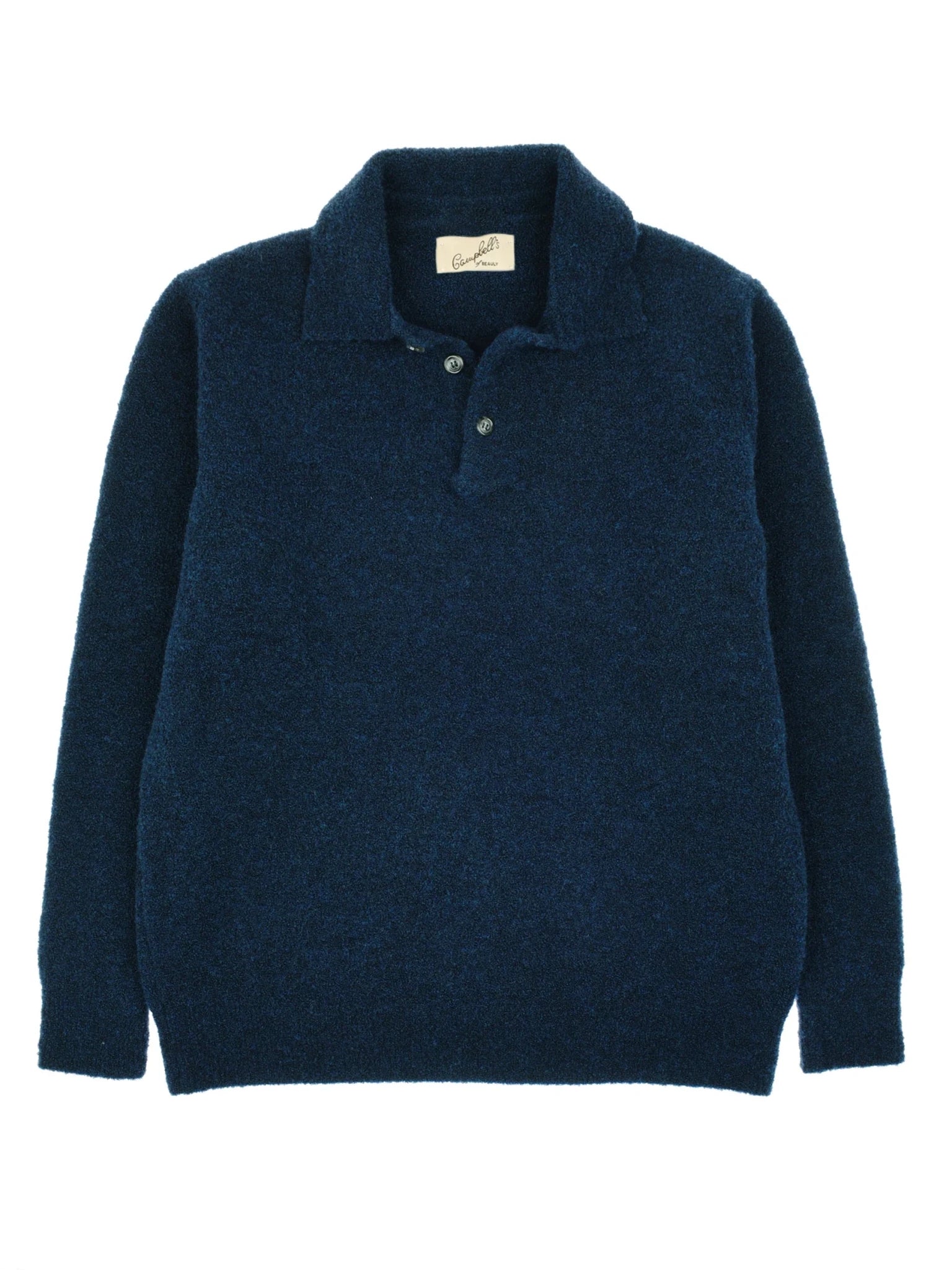 The Campbell's of Beauly Auld Stock Bouclé Neck Jumper in indigo, featuring long sleeves, a fold-over collar, and three buttons, is laid flat on a white background.