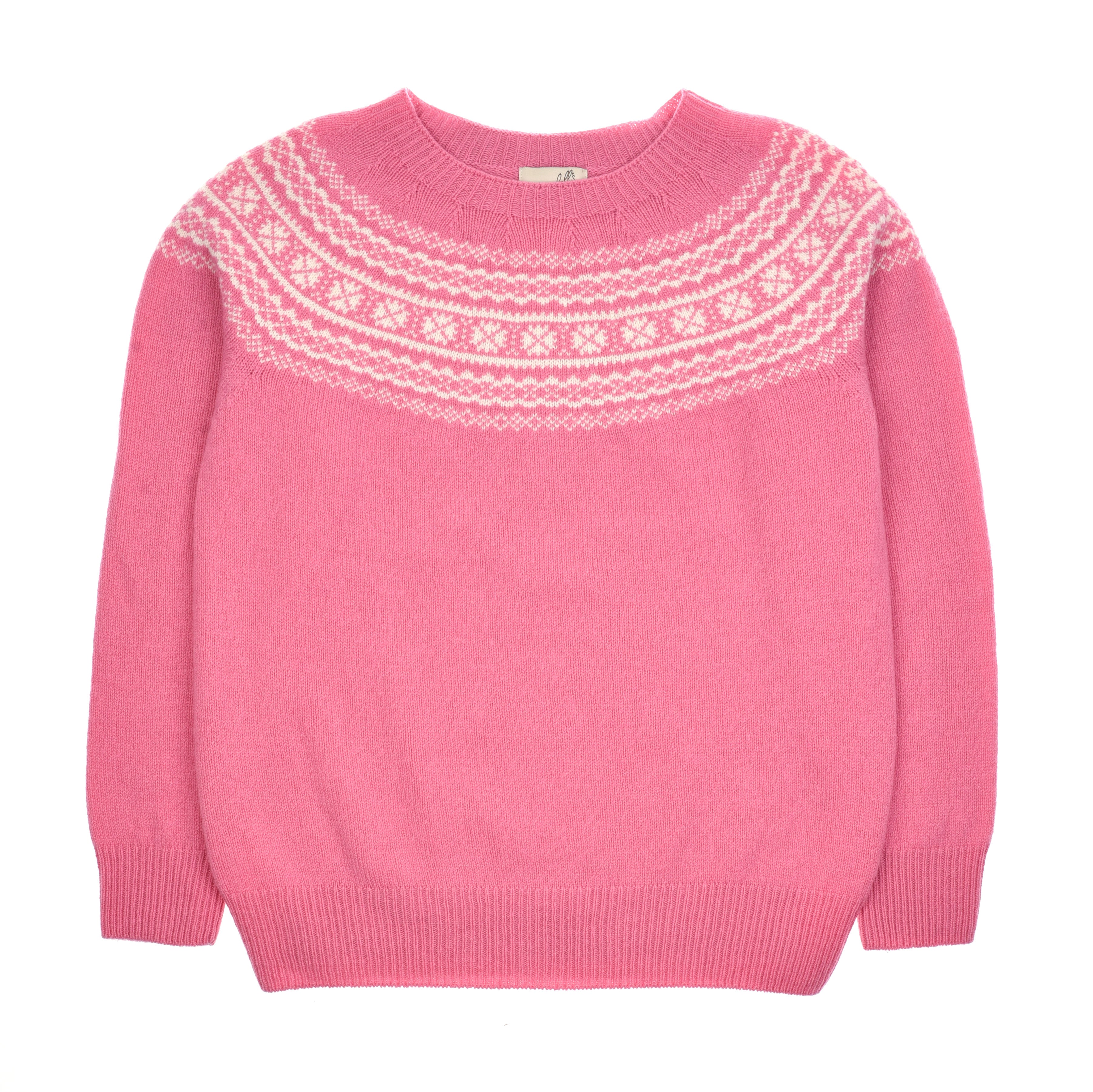 The Two-Colour Fairisle Yoke Jumper by Campbells of Beauly features a round neck and white Fair Isle pattern, crafted from Superfine Geelong lambswool with ribbed sleeves and waistband, showcasing Scottish craftsmanship.