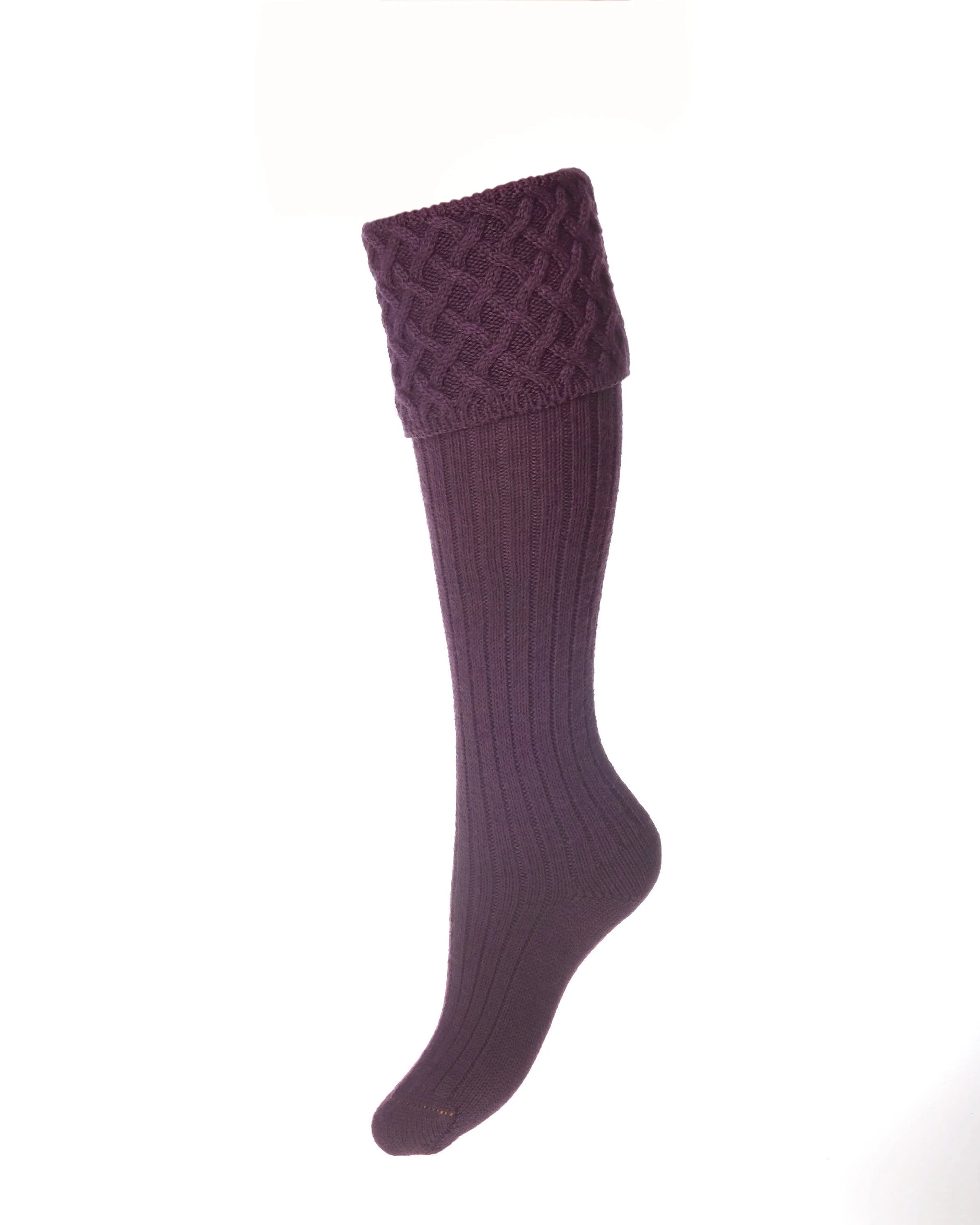 A single knee-high Rannoch Merino Shooting Sock by Campbells of Beauly, in purple merino wool, features a ribbed texture and wide folded cuff with an intricate woven pattern. Displayed against a white background.