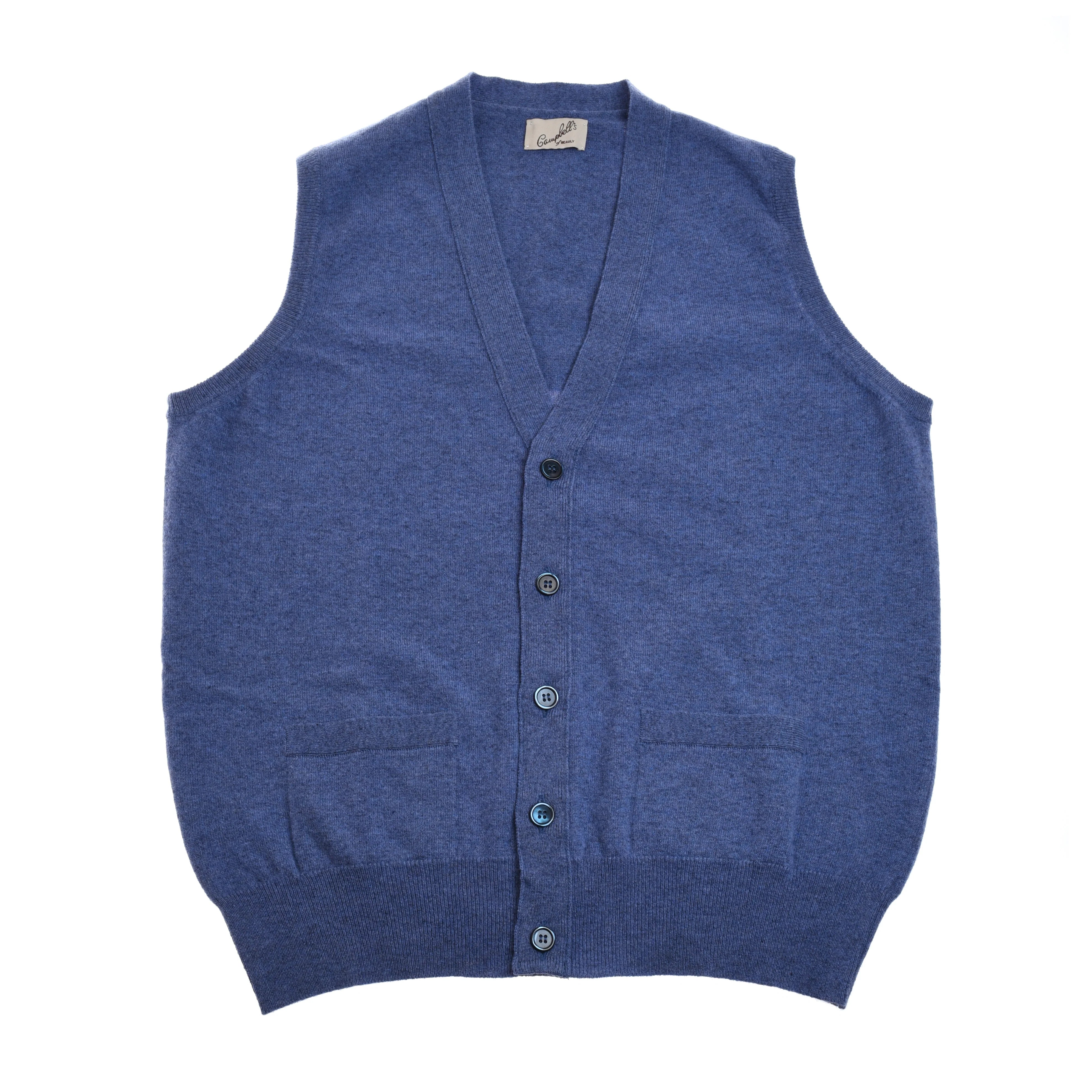 The Geelong Lambswool Button Waistcoat by Campbell's of Beauly in Clyde features a V-neck, front button closure, and two front pockets—an elevated essential for your country wardrobe. Laid flat on a white background.