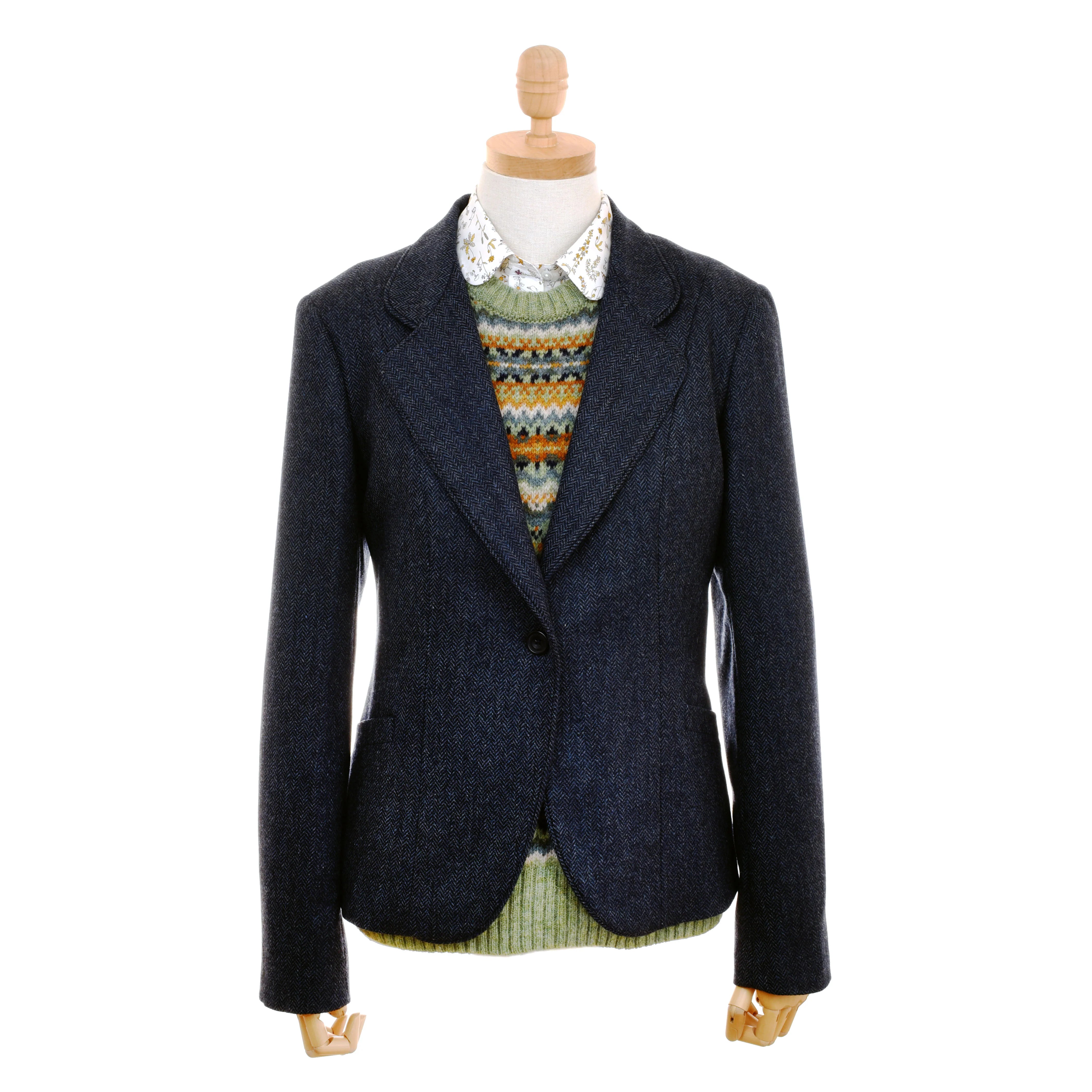 A mannequin displays Campbell's of Beauly House Jacket in denim, styled over a patterned sweater and a collared shirt with a lace collar, set against a white background.