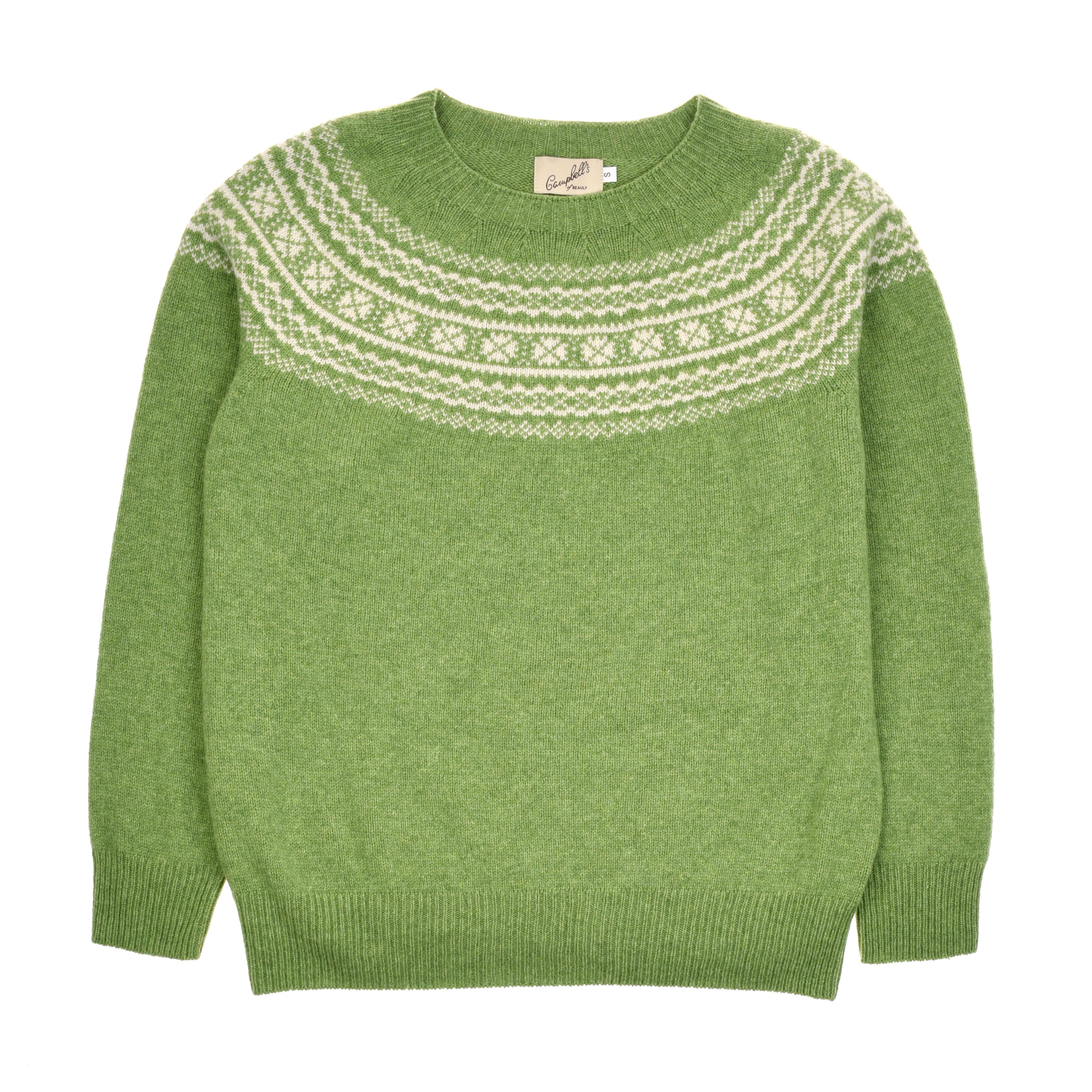 The Two-Colour Fairisle Yoke Jumper by Campbells of Beauly is crafted from superfine Geelong lambswool, featuring a green body, white Fair Isle pattern, round neck, long sleeves, and ribbed hem and cuffs—showcasing Scottish craftsmanship.