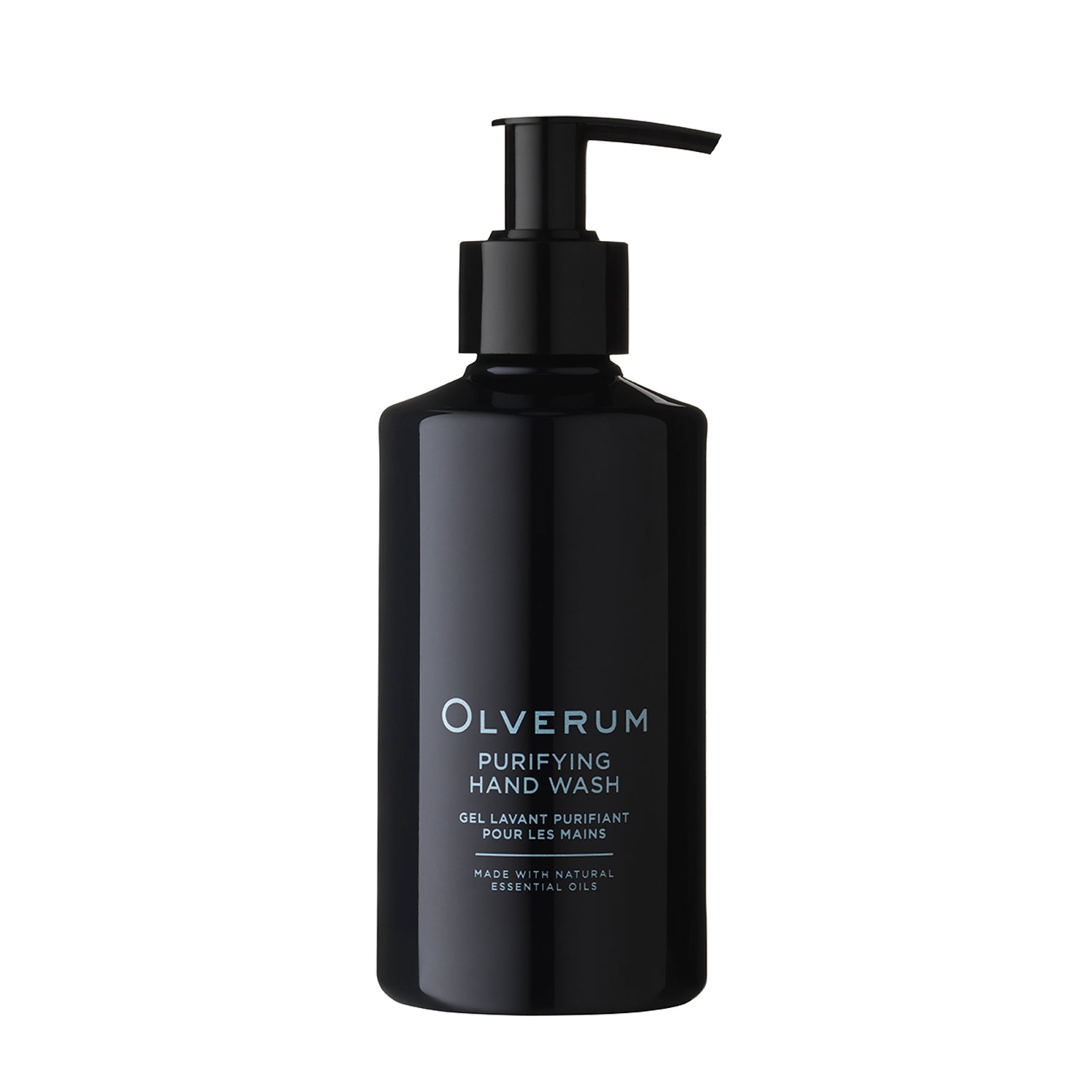 A black Olverum Purifying Hand Wash pump bottle stands upright against a white background, featuring text in white that highlights its natural origin ingredients and vegan-friendly formula.