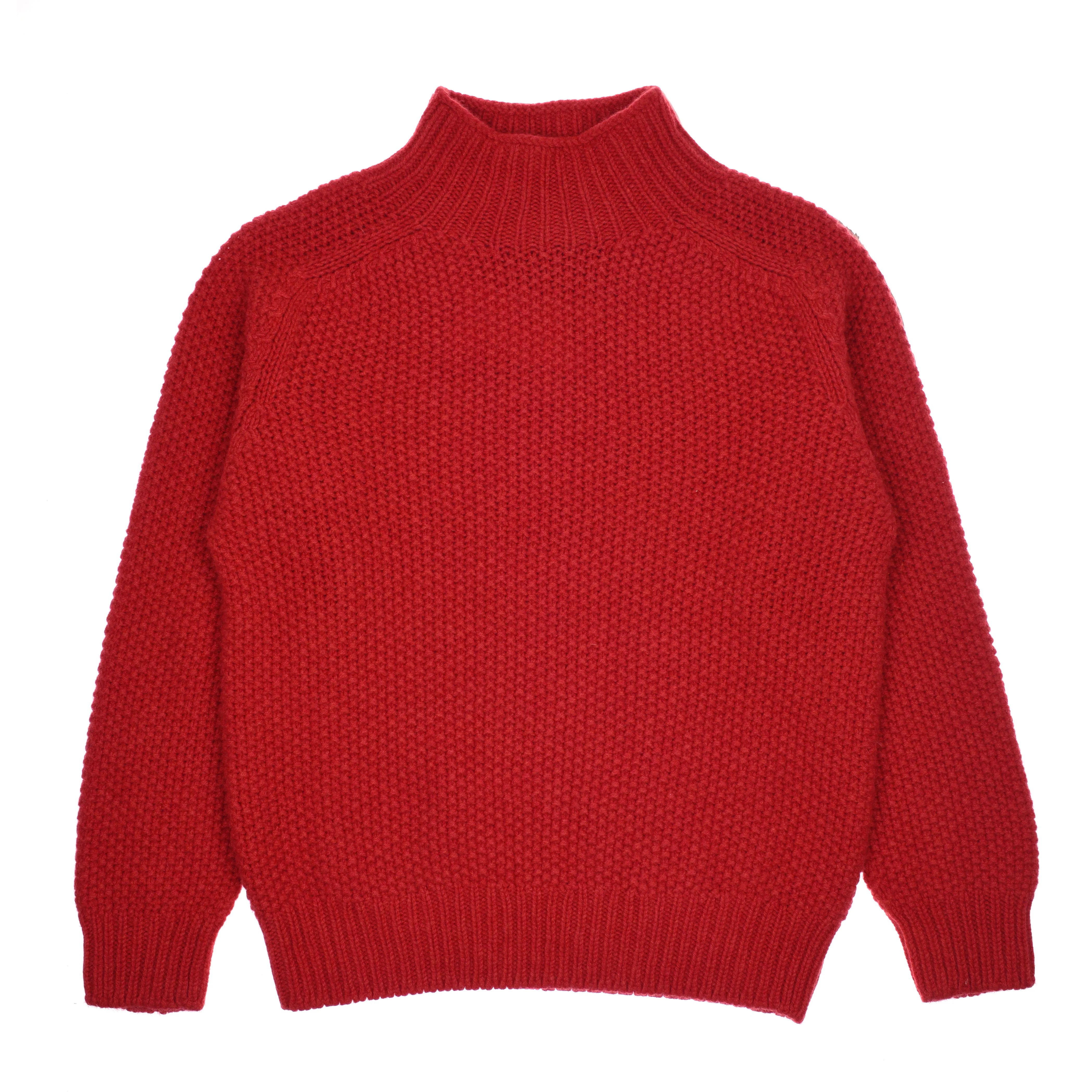 The Campbell's of Beauly Chunky Moss Stitch Polo in Jasper, featuring a textured knit, long sleeves, and a high ribbed neck, is shown laid flat on a white background.