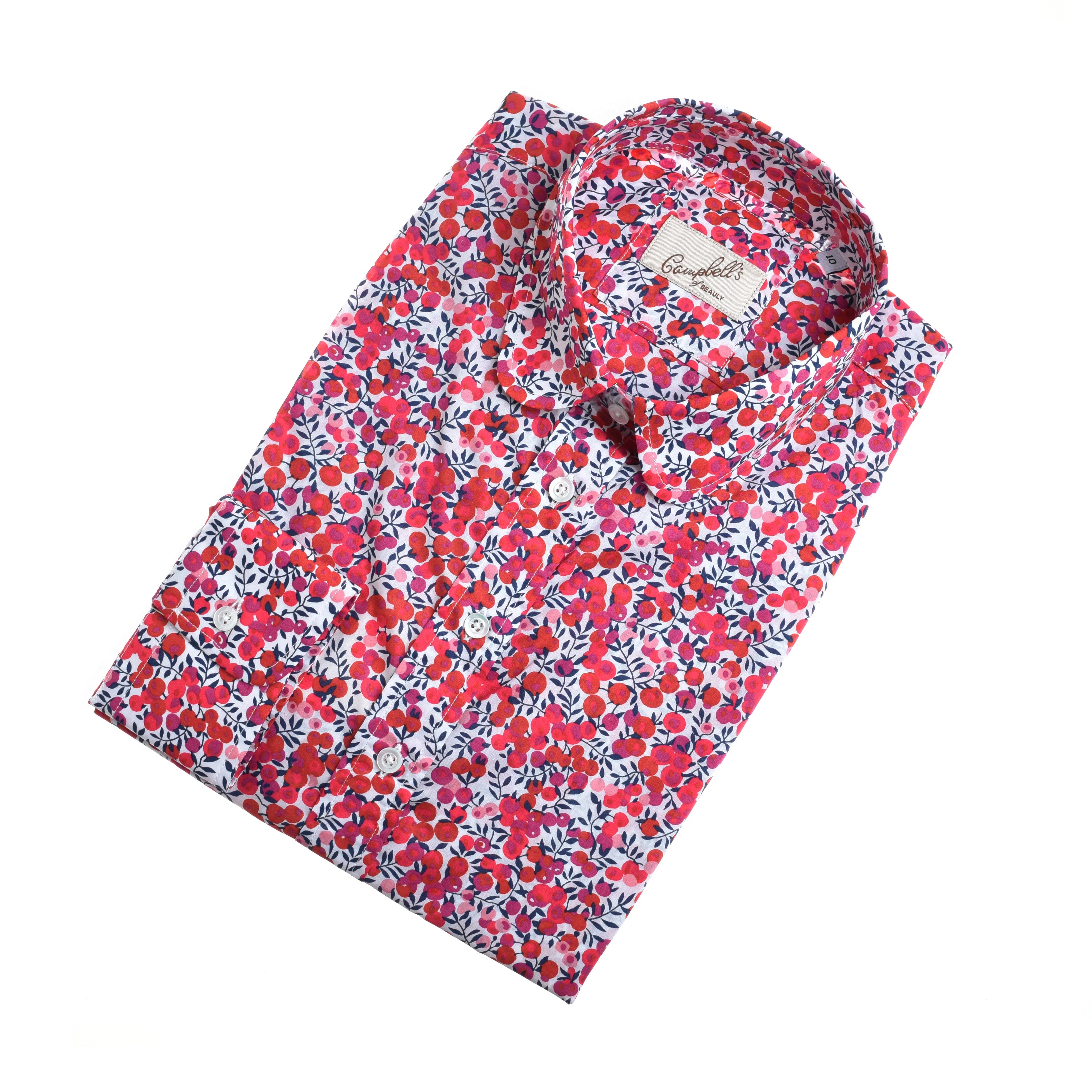 The Campbell's of Beauly Liberty Print Cotton Shirt features a vibrant red, pink, and blue floral pattern on white Tana Lawn cotton, neatly folded and displayed on a plain white surface.