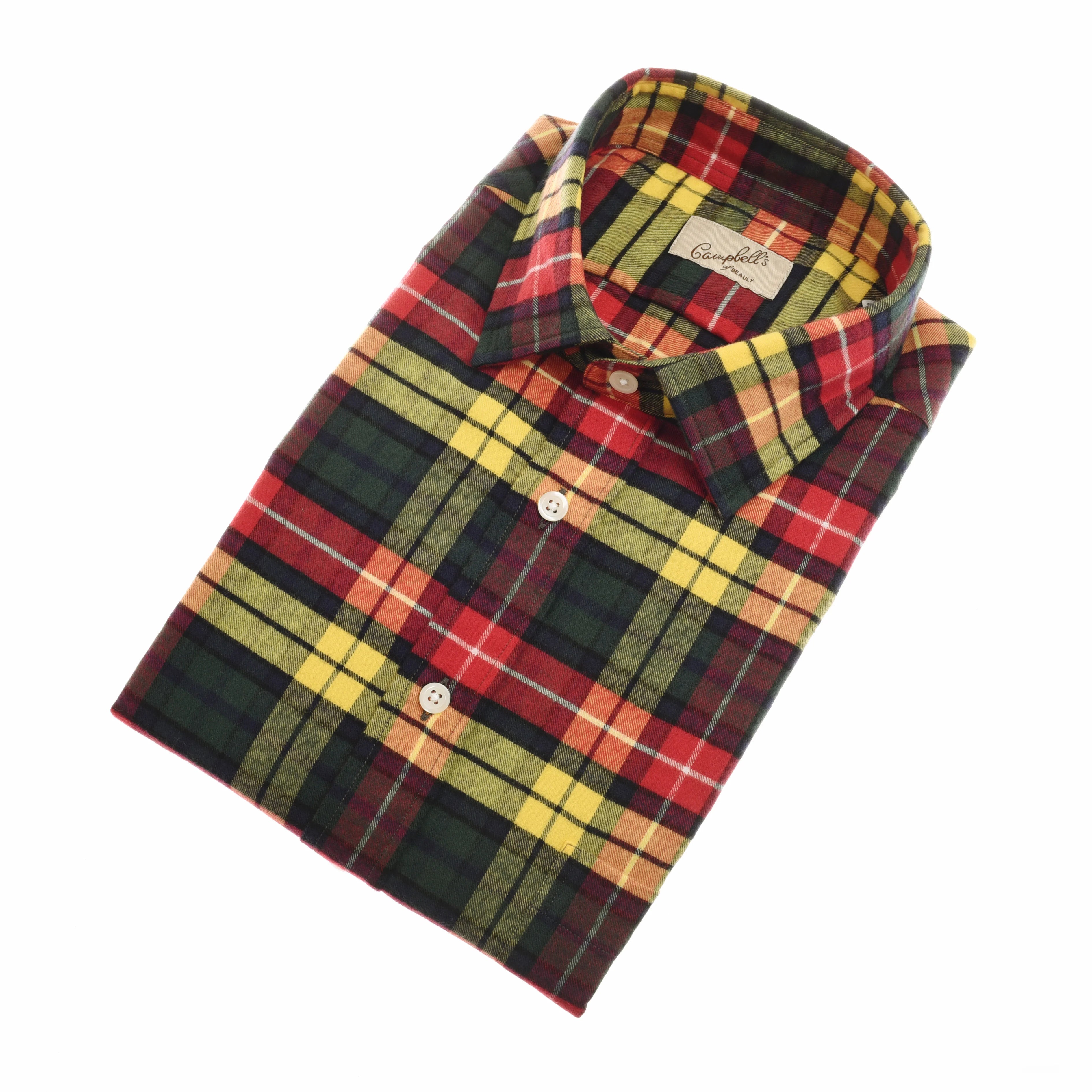 The Campbell's of Beauly Buchanan Tartan Shirt, a folded long-sleeve brushed cotton shirt with a red, yellow, black, and green plaid pattern, is displayed on a white background.
