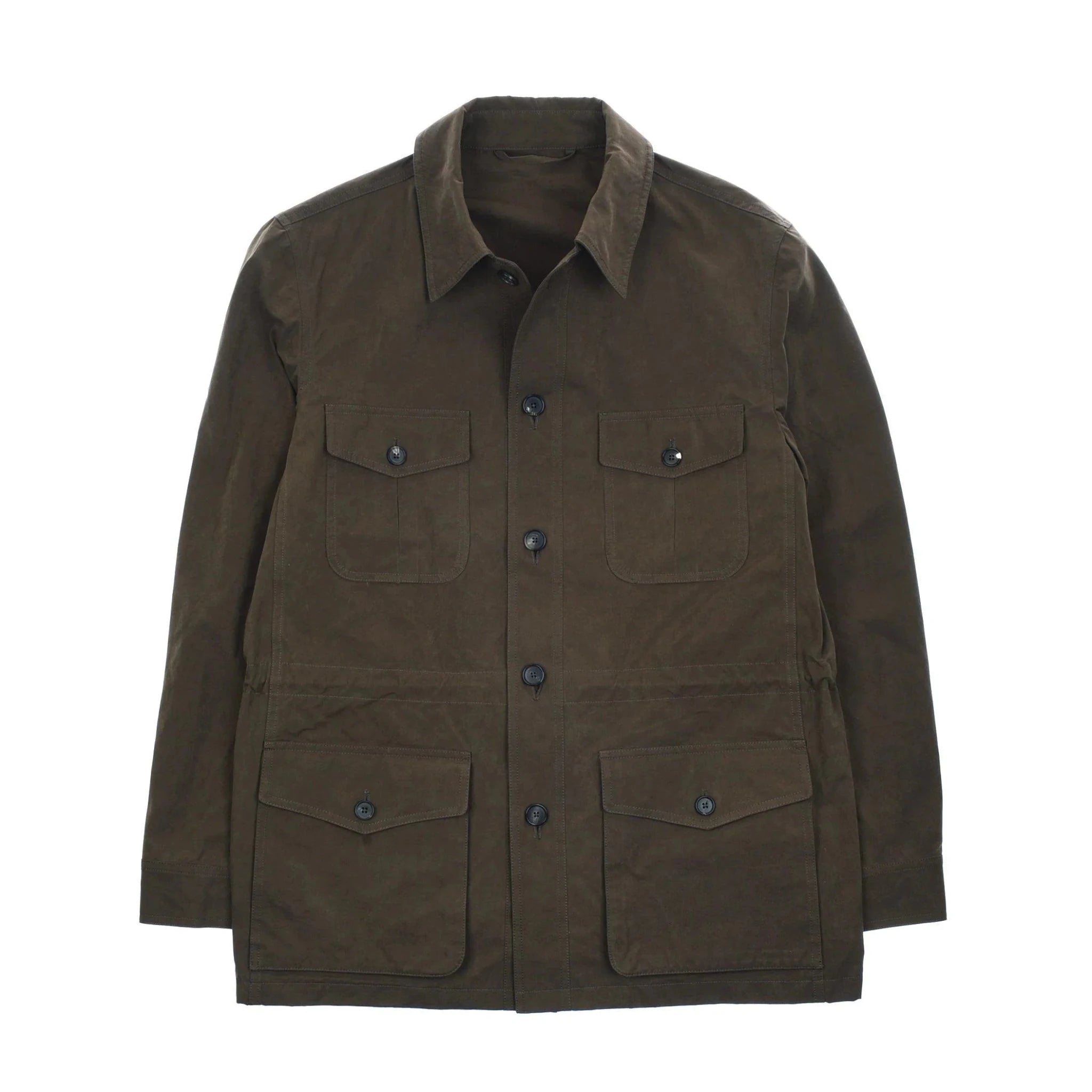 The Campbell's of Beauly Auld Stock Aigas Field Jacket in brown, made from water-repellent peach skin fabric, features a button front, collar, and four flap pockets—two chest and two near the hem—shown laid flat on white.