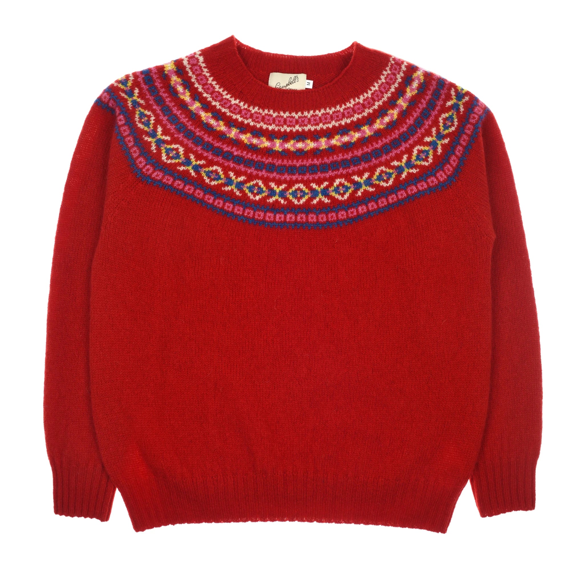 The Auld Stock Fairisle Crew Jumper by Campbell's of Beauly is a bright red Geelong lambswool knit, made in Scotland, featuring a round neck and a multicolored geometric yoke pattern in purple, pink, white, blue, and yellow.