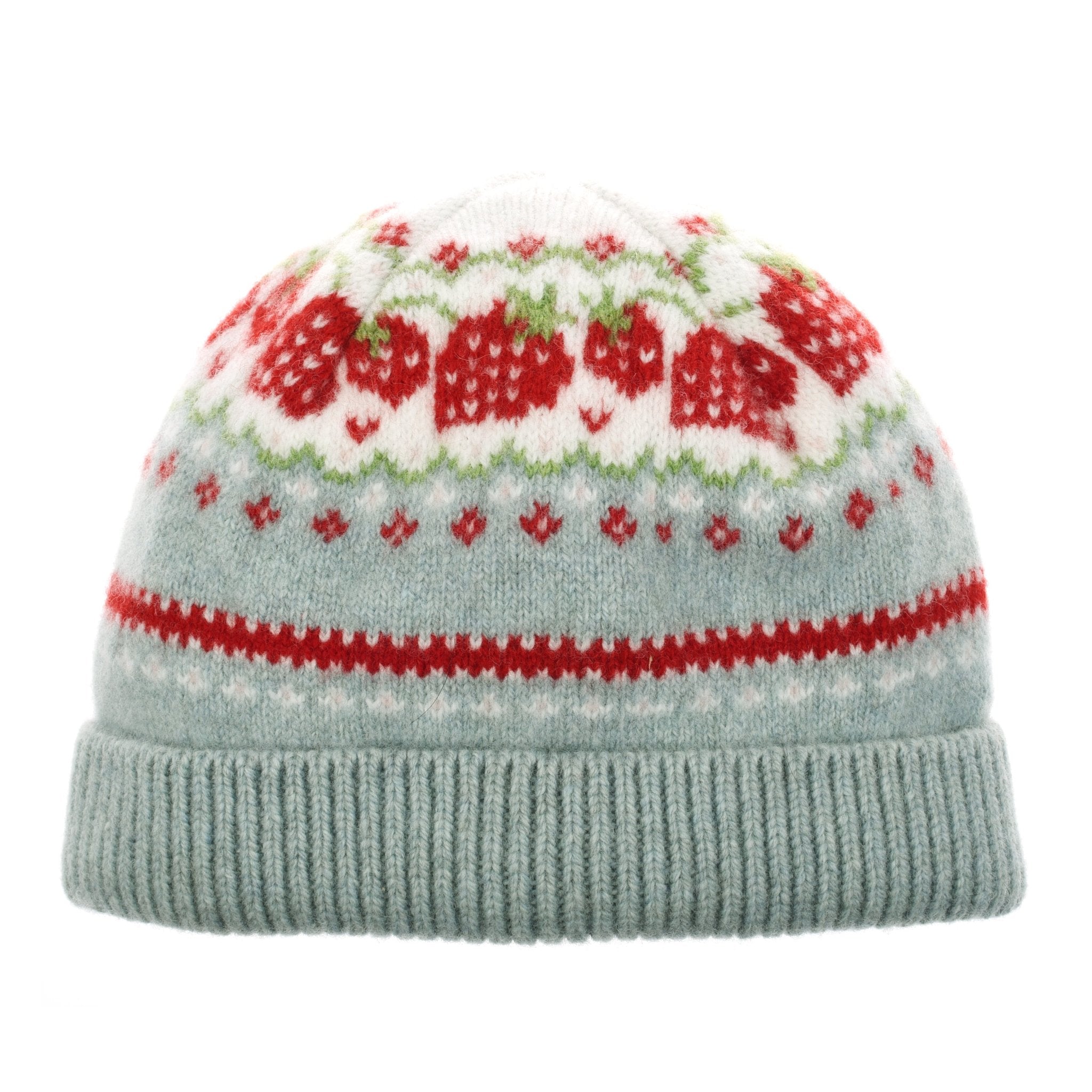 The Lambswool Strawberry Hat by Campbell’s of Beauly features soft lambswool in Skye, with a strawberry fairisle pattern and ribbed folded brim.
