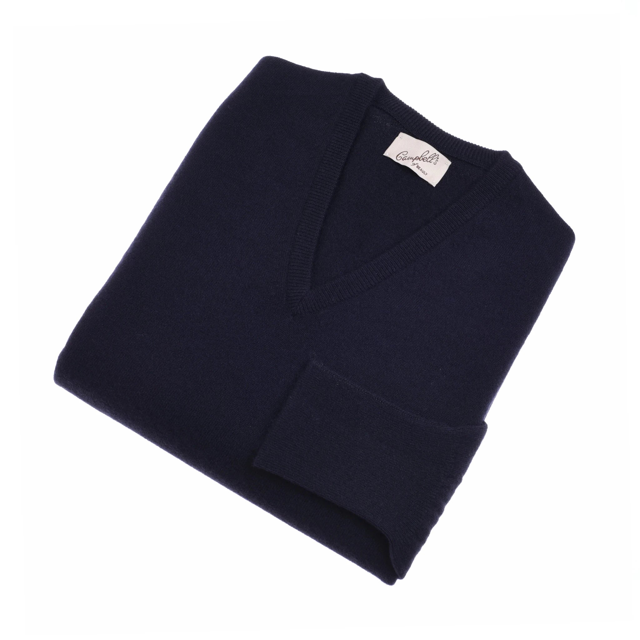 A Campbell's of Beauly Auld Stock Cashmere V-Neck Jumper in navy, neatly folded with a visible white label inside the collar, displayed on a white background.
