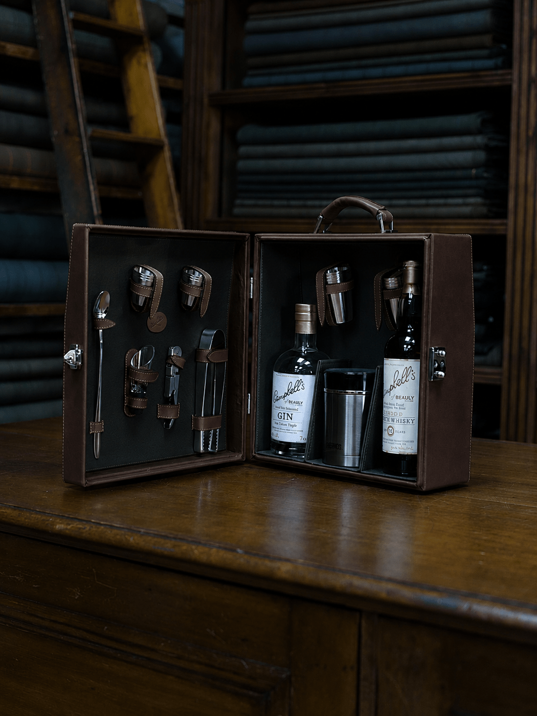 The Mini Bar - Brown by Campbell's of Beauly sits open on a wooden desk, displaying gin, whiskey, glasses, a shaker, and bar tools with shelves of rolled fabric in the background.