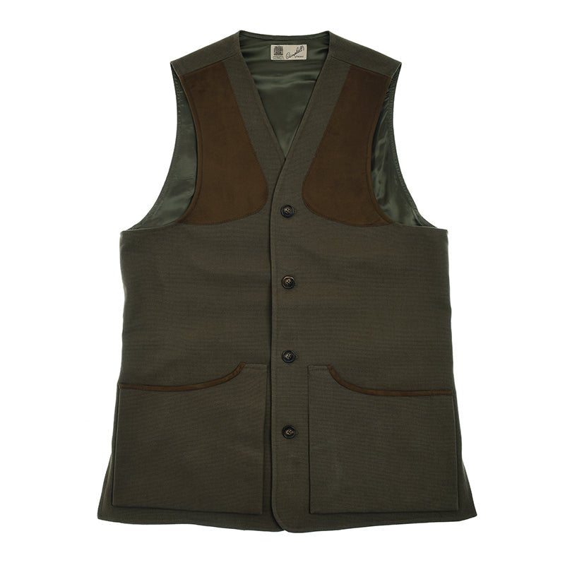 The Campbell's of Beauly Cotton Shooting Waistcoat is a sleeveless, dark green cotton canvas gilet with brown shoulder panels, front buttons, two large pockets, and a shiny lining—ideal for gentlemen’s countryside pursuits.