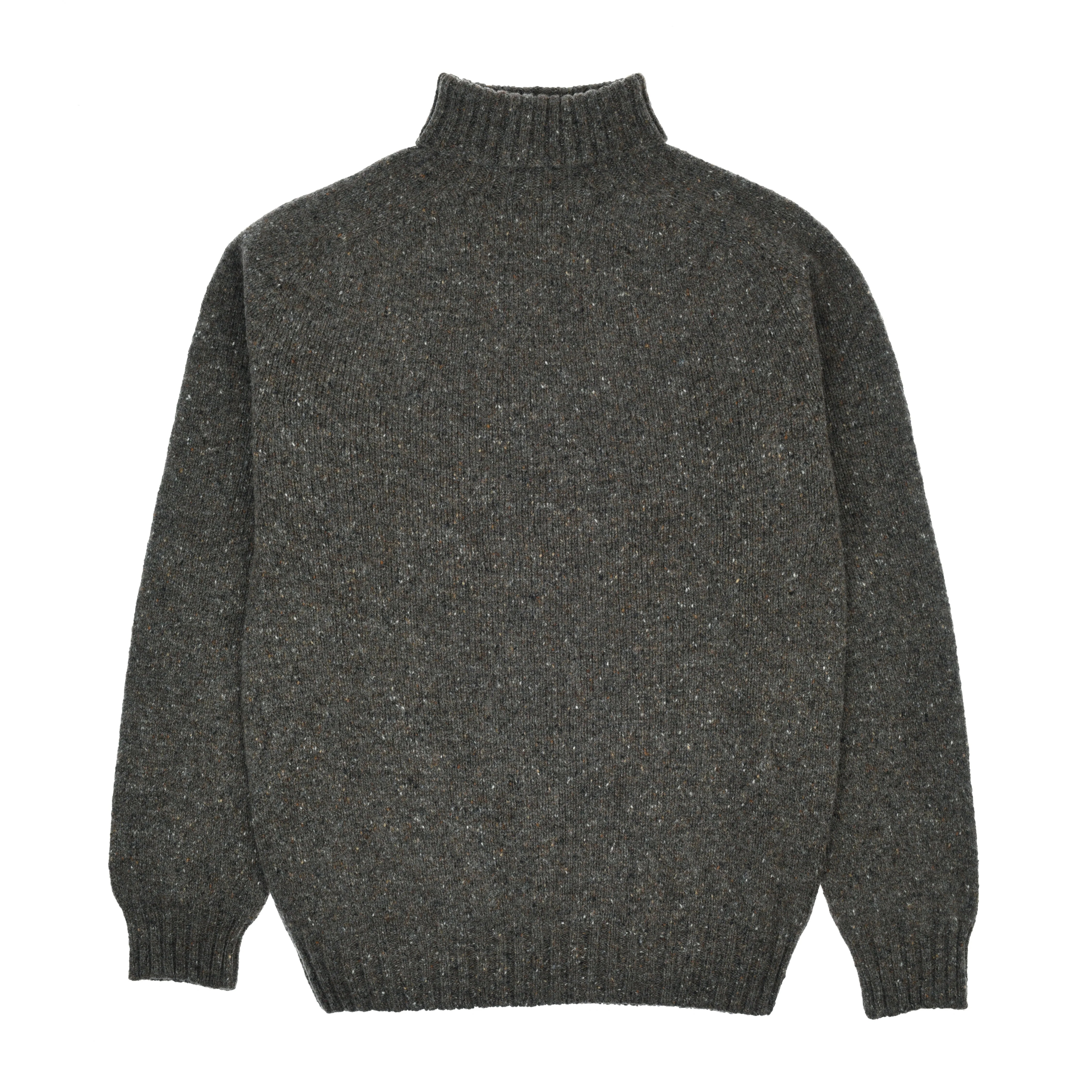 The Donegal Lambswool Poloneck by Campbell's of Beauly is a dark gray, long-sleeved sweater with ribbed neck, cuffs, and hem, shown laid flat on a white background and viewed from the back.