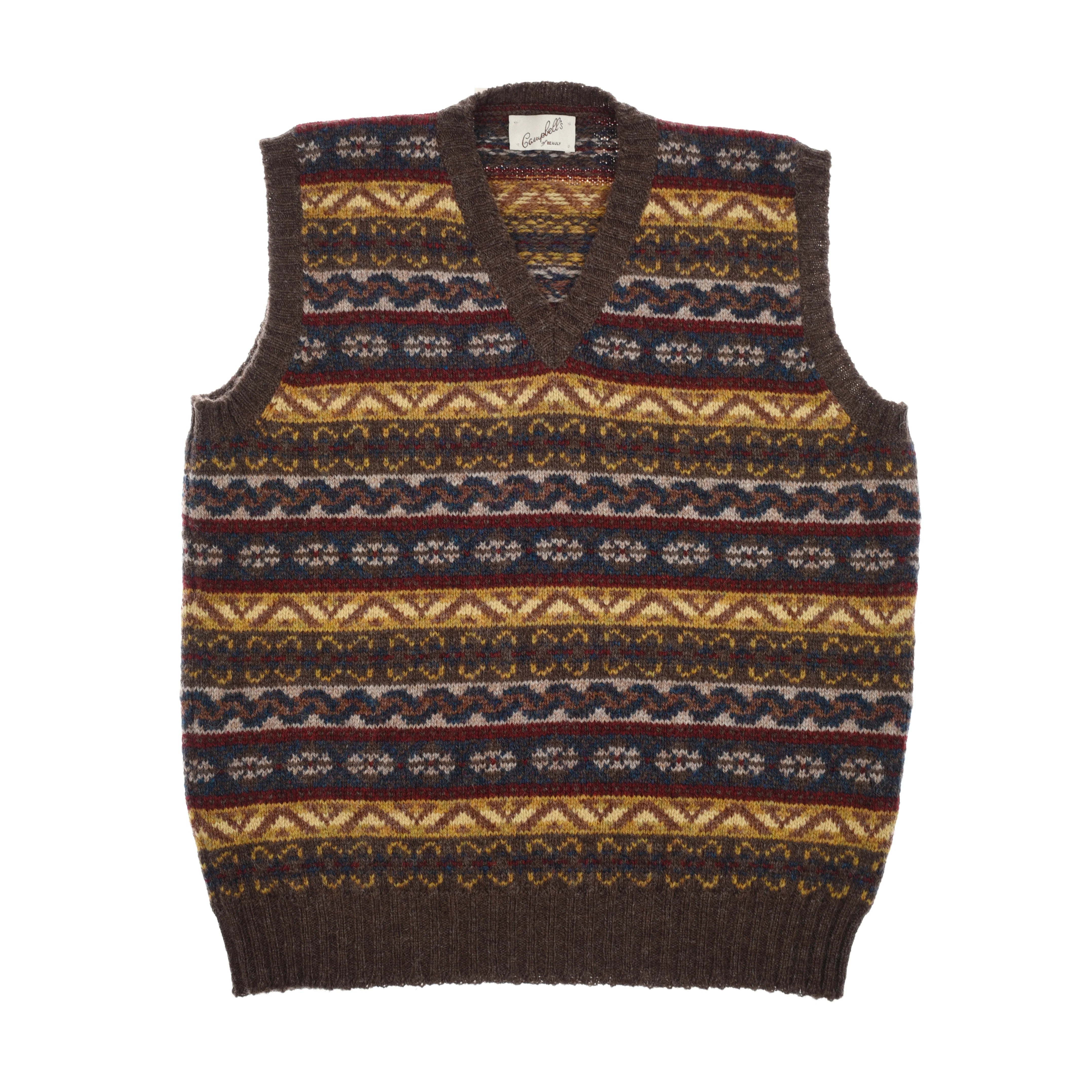 The Campbell’s of Beauly Fairisle Slipover is a sleeveless, brown Shetland wool sweater vest featuring a V-neck and detailed multicolored geometric patterns in yellow, blue, red, and white—making it the ideal classic layer for adding both warmth and style to any outfit.